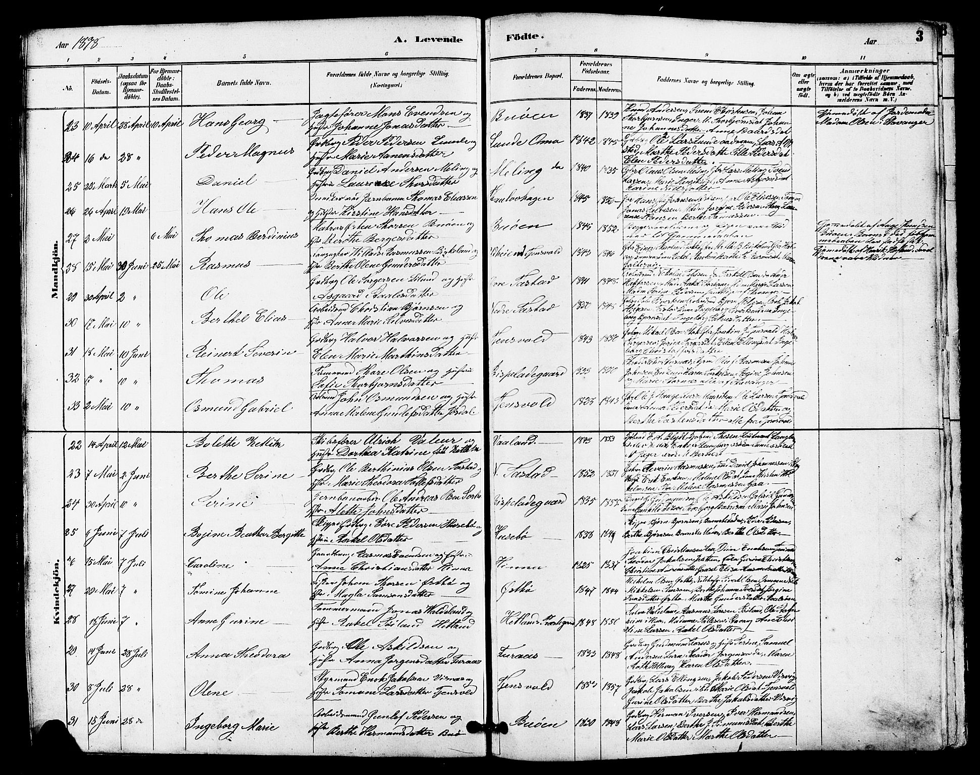 Hetland sokneprestkontor, SAST/A-101826/30/30BB/L0005: Parish register (copy) no. B 5, 1878-1910, p. 3