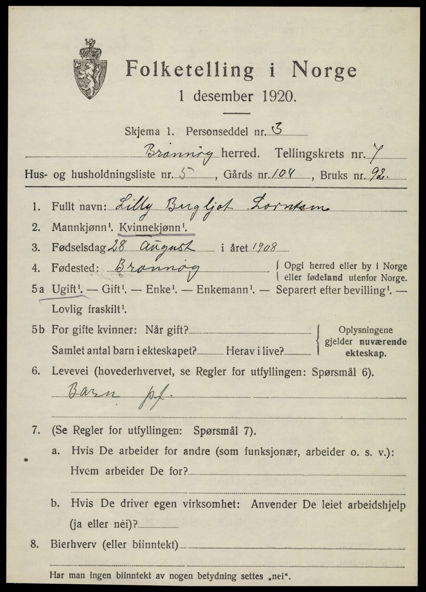 SAT, 1920 census for Brønnøy, 1920, p. 5112