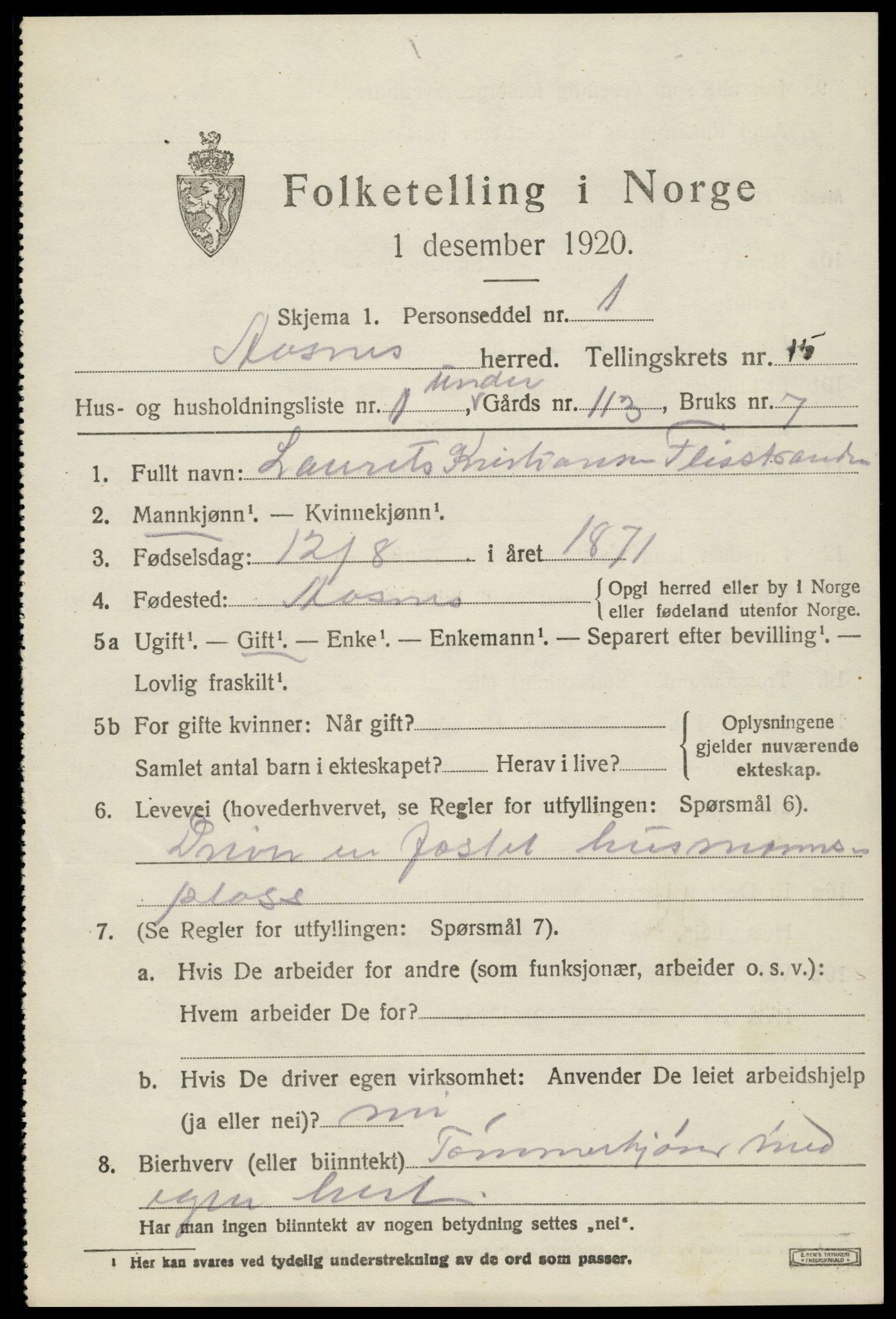 SAH, 1920 census for Åsnes, 1920, p. 14026