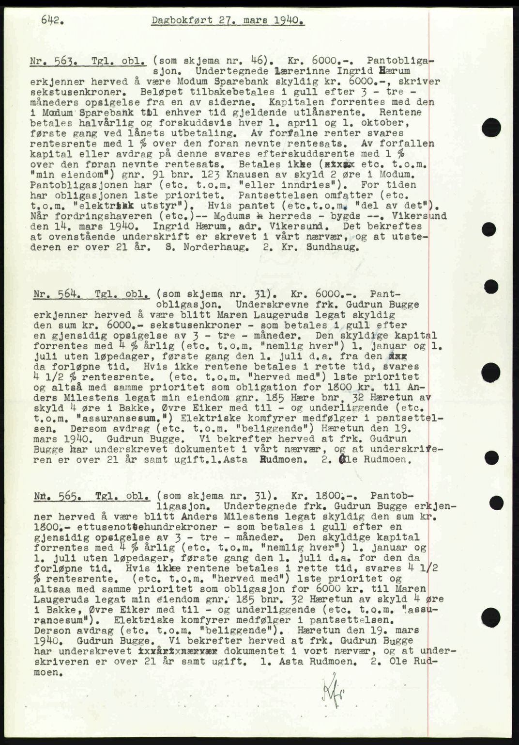 Eiker, Modum og Sigdal sorenskriveri, SAKO/A-123/G/Ga/Gab/L0041: Mortgage book no. A11, 1939-1940, Diary no: : 563/1940