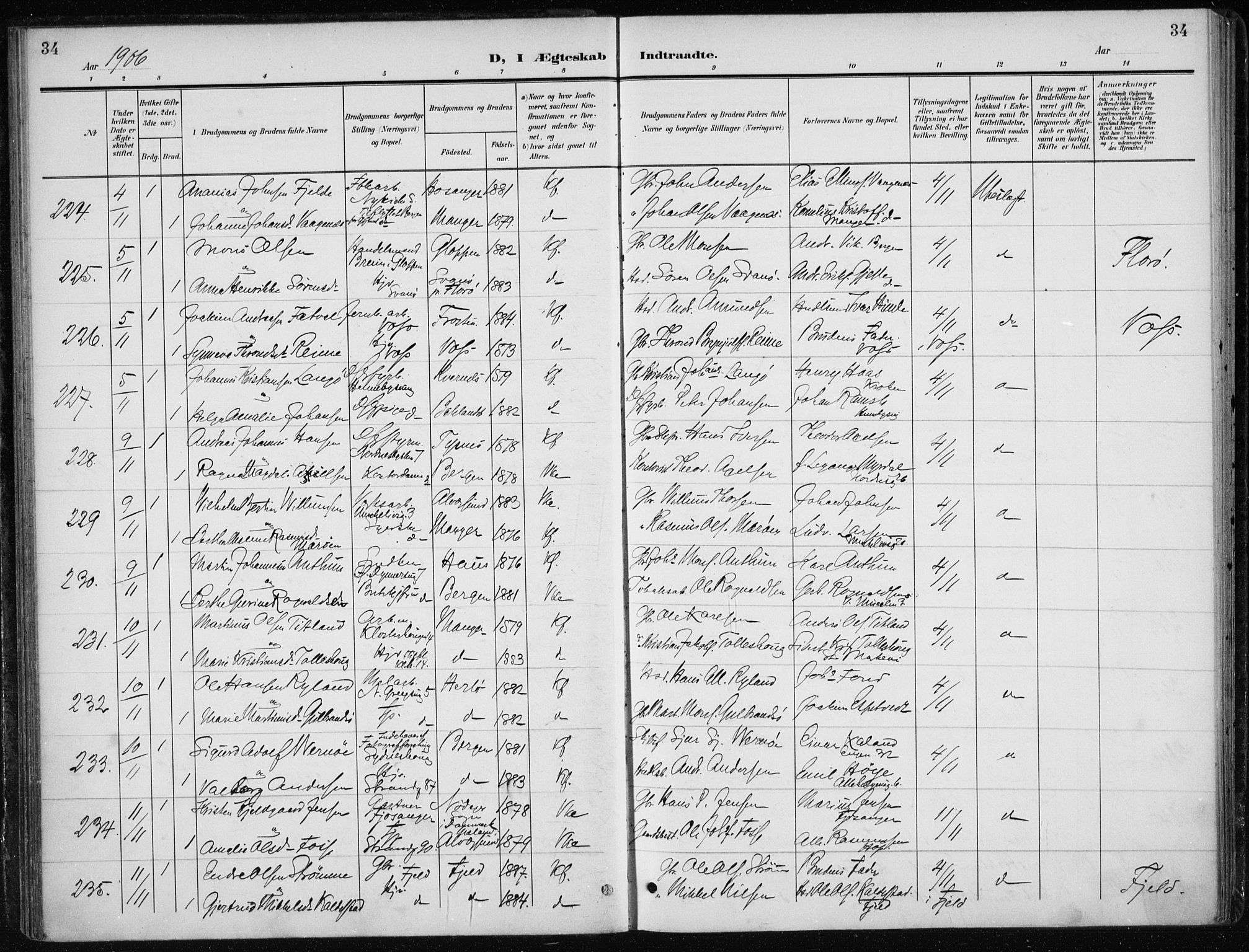 Nykirken Sokneprestembete, AV/SAB-A-77101/H/Haa/L0035: Parish register (official) no. D 5, 1905-1913, p. 34
