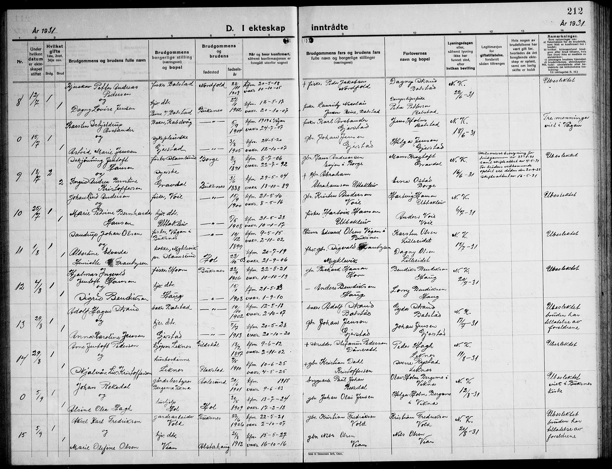 Ministerialprotokoller, klokkerbøker og fødselsregistre - Nordland, AV/SAT-A-1459/881/L1170: Parish register (copy) no. 881C07, 1930-1943, p. 212