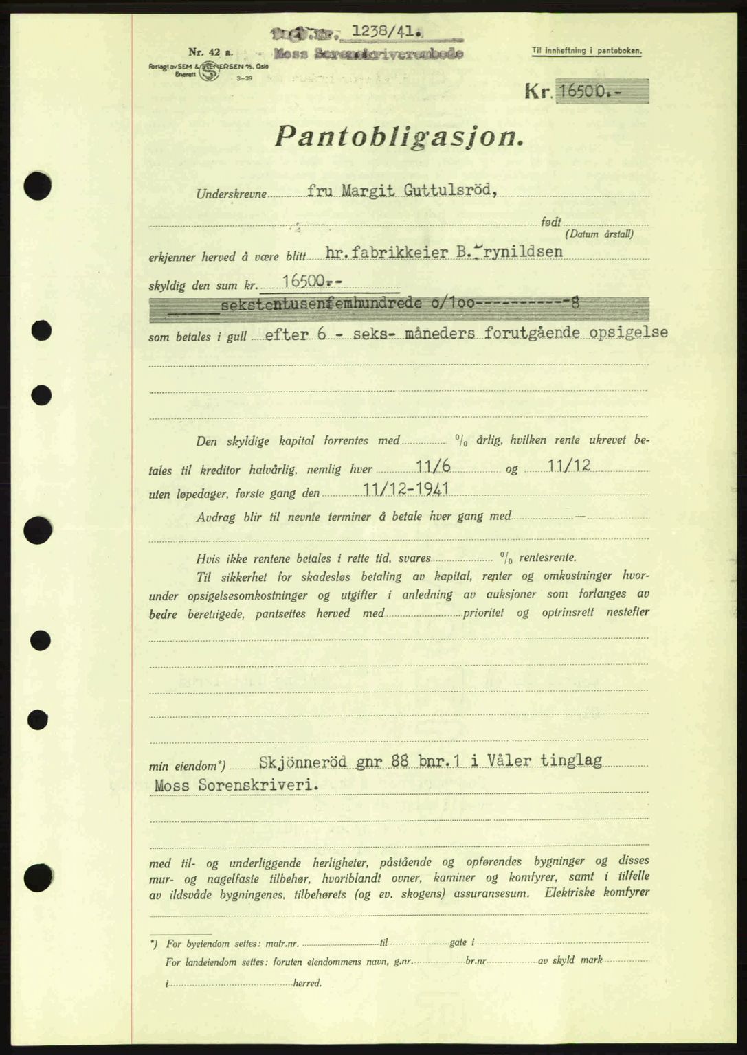 Moss sorenskriveri, SAO/A-10168: Mortgage book no. B10, 1940-1941, Diary no: : 1238/1941