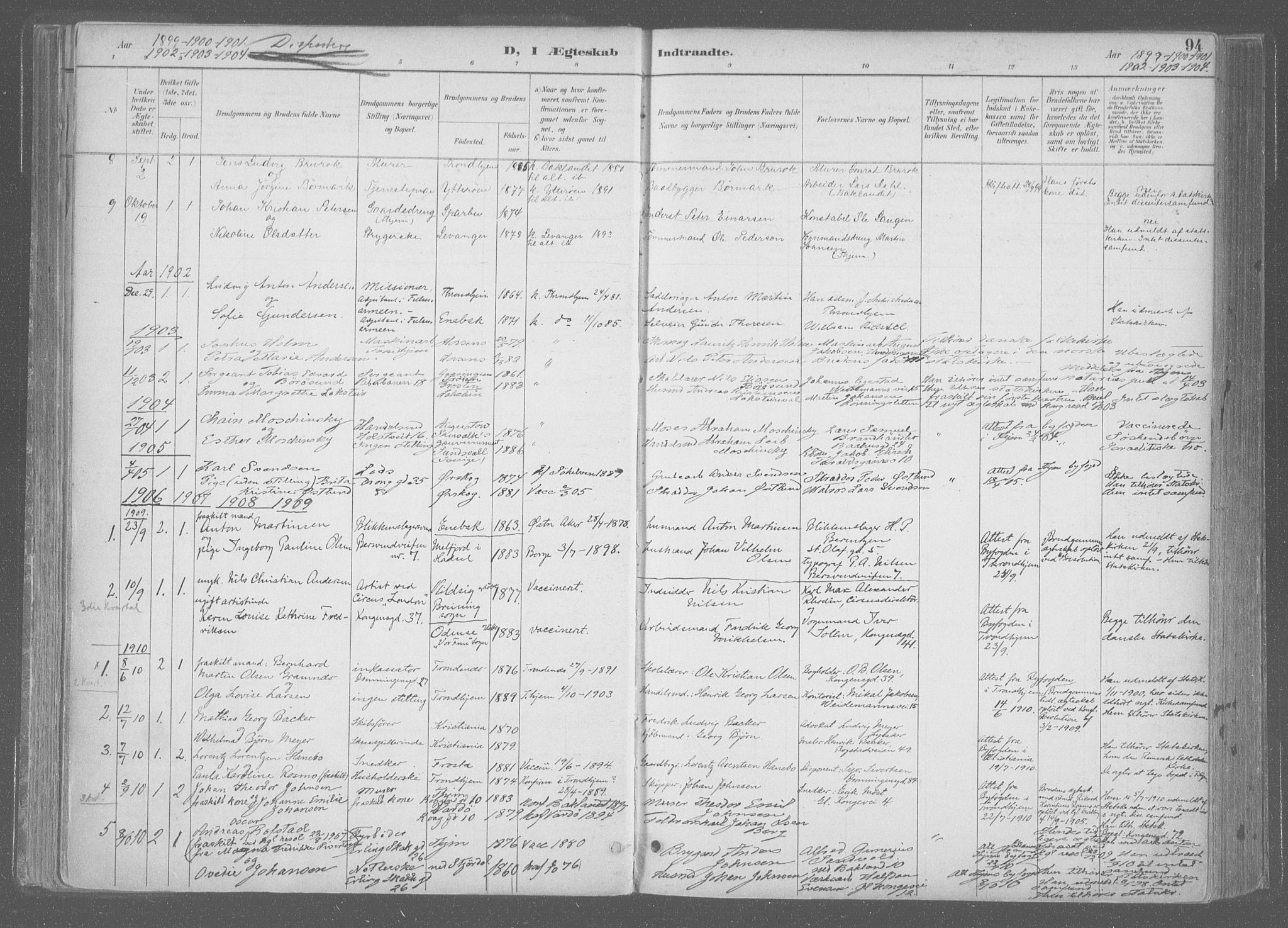 Ministerialprotokoller, klokkerbøker og fødselsregistre - Sør-Trøndelag, SAT/A-1456/601/L0064: Parish register (official) no. 601A31, 1891-1911, p. 94