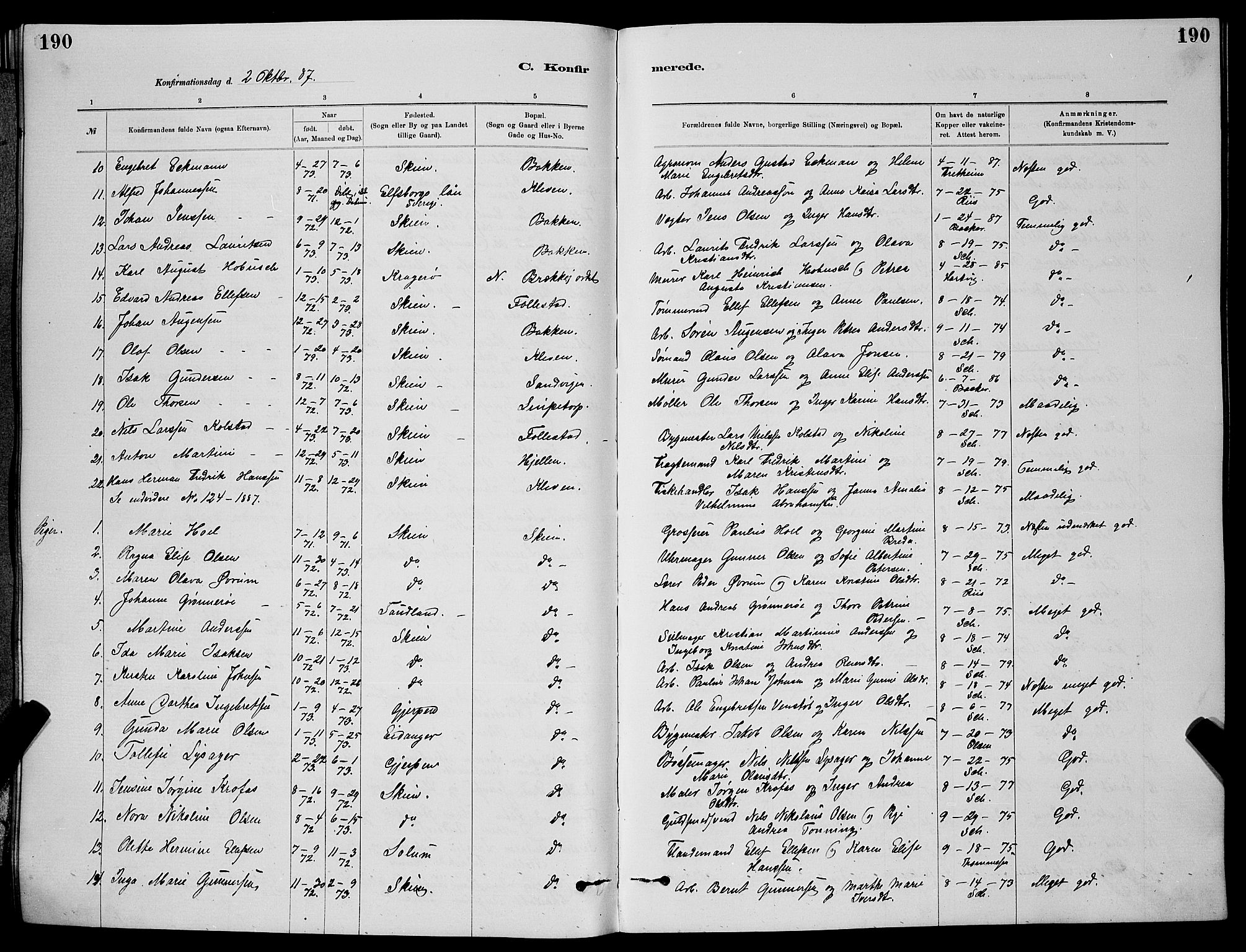 Skien kirkebøker, SAKO/A-302/G/Ga/L0006: Parish register (copy) no. 6, 1881-1890, p. 190