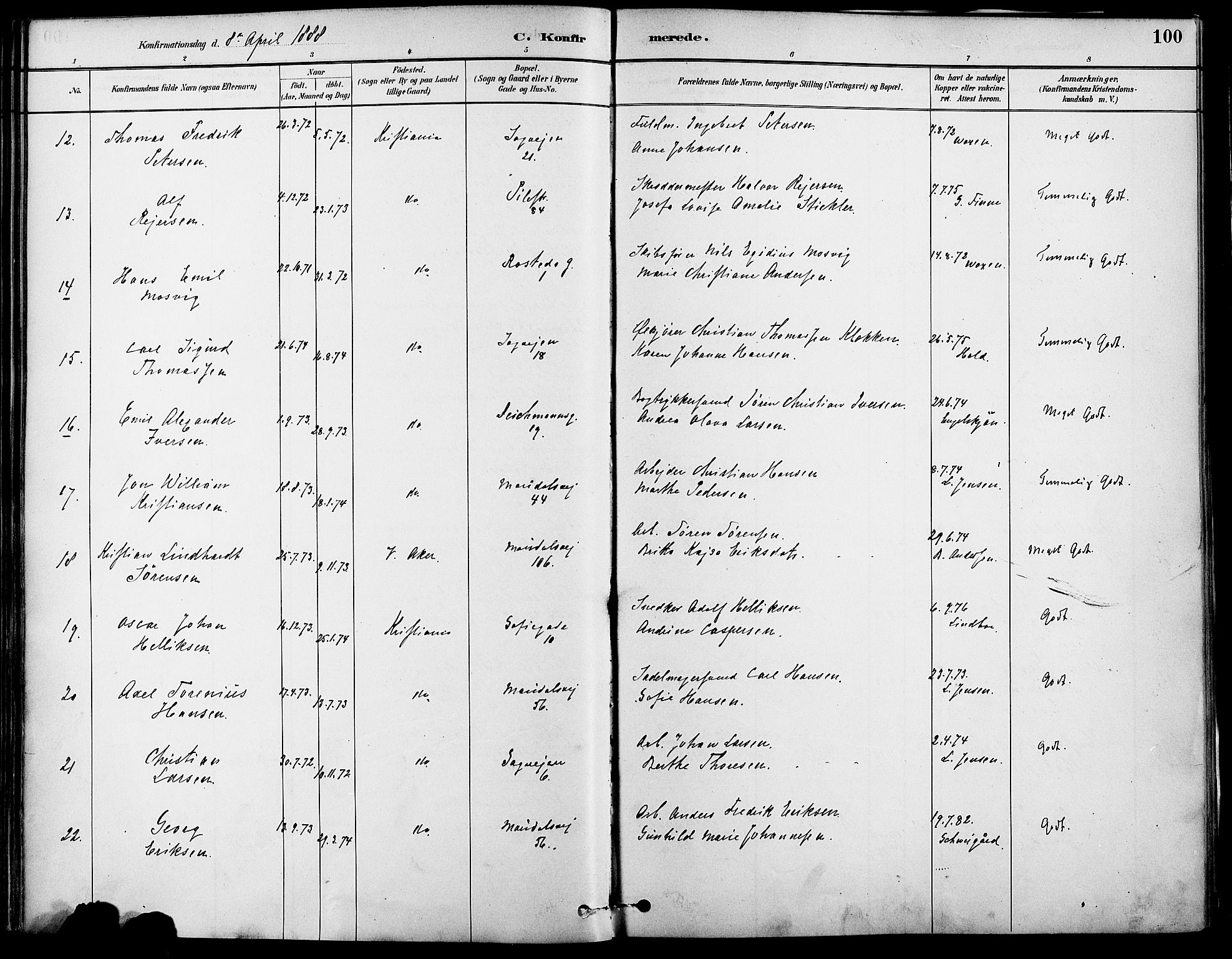 Gamle Aker prestekontor Kirkebøker, SAO/A-10617a/F/L0007: Parish register (official) no. 7, 1882-1890, p. 100