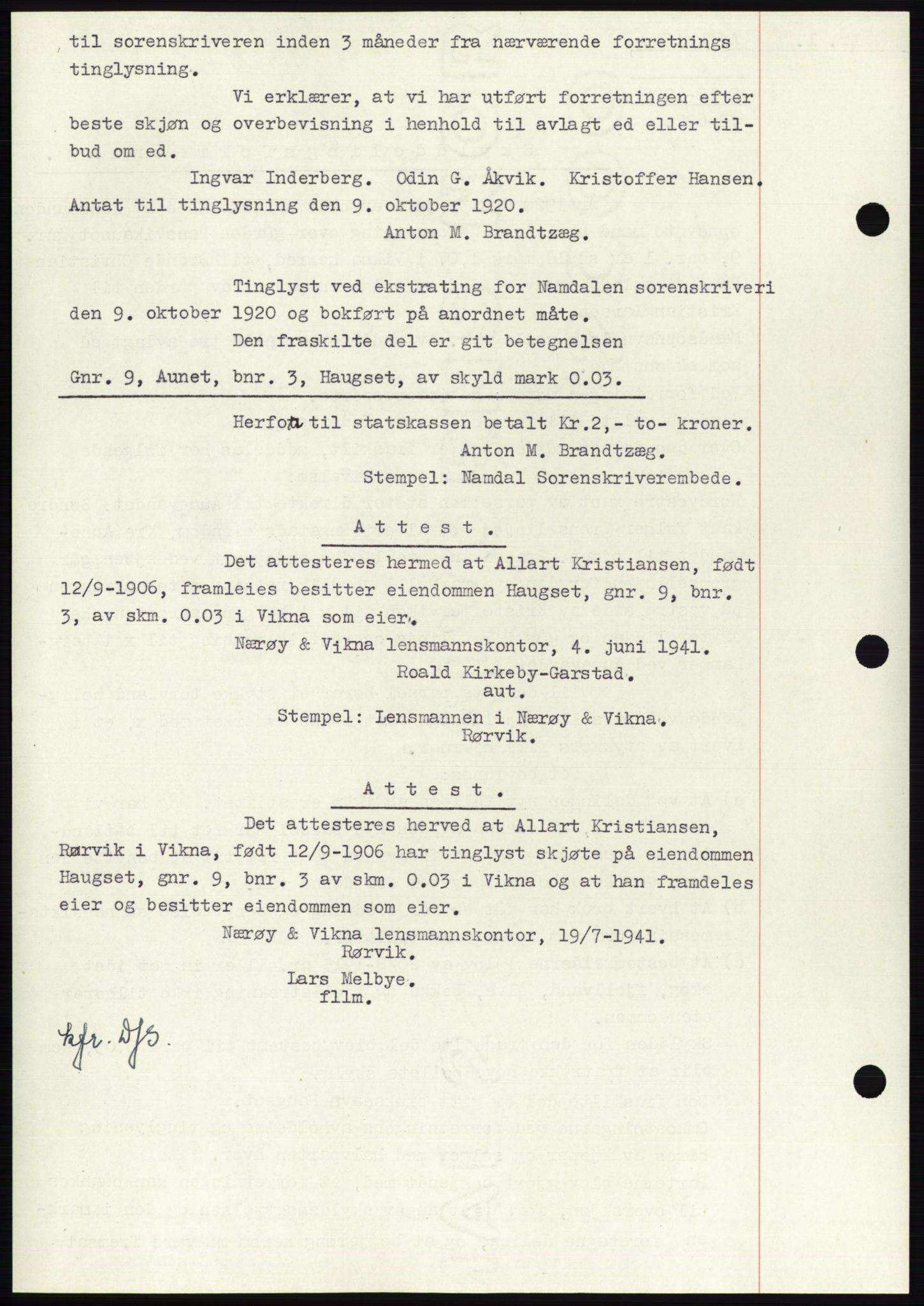 Namdal sorenskriveri, SAT/A-4133/1/2/2C: Mortgage book no. -, 1916-1921, Deed date: 09.10.1920