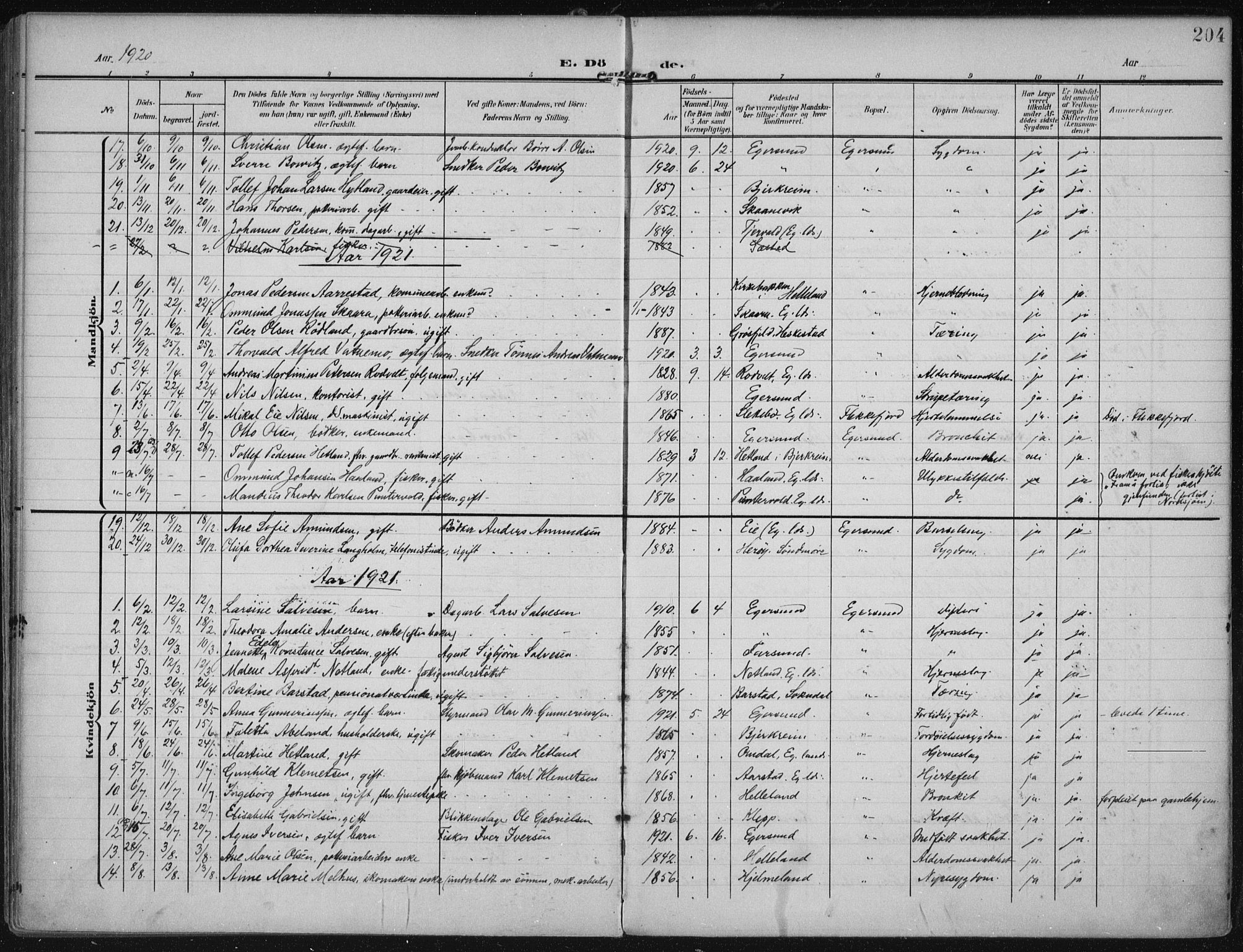 Eigersund sokneprestkontor, SAST/A-101807/S08/L0022: Parish register (official) no. A 21, 1905-1928, p. 204