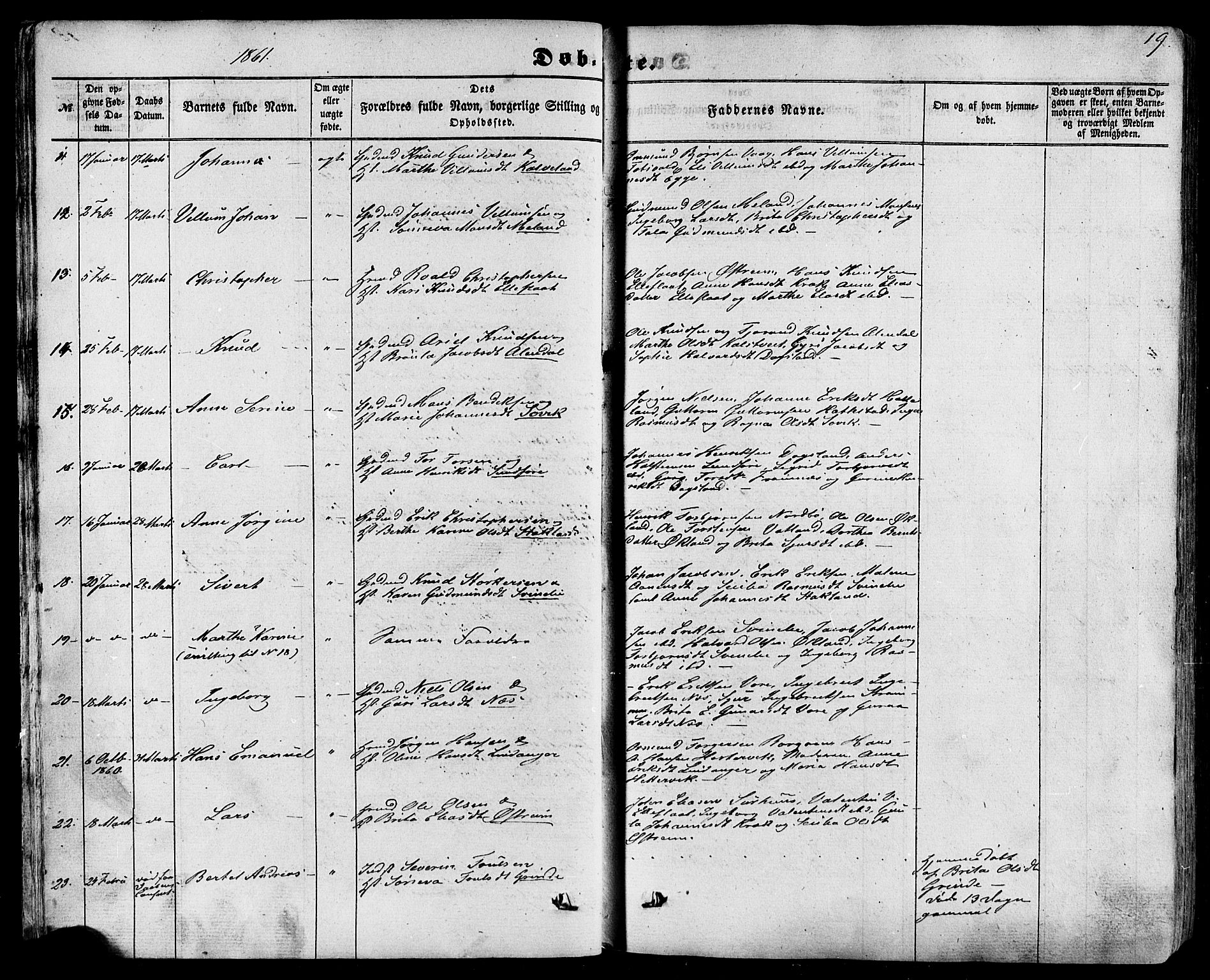 Skjold sokneprestkontor, AV/SAST-A-101847/H/Ha/Haa/L0008: Parish register (official) no. A 8, 1856-1882, p. 19