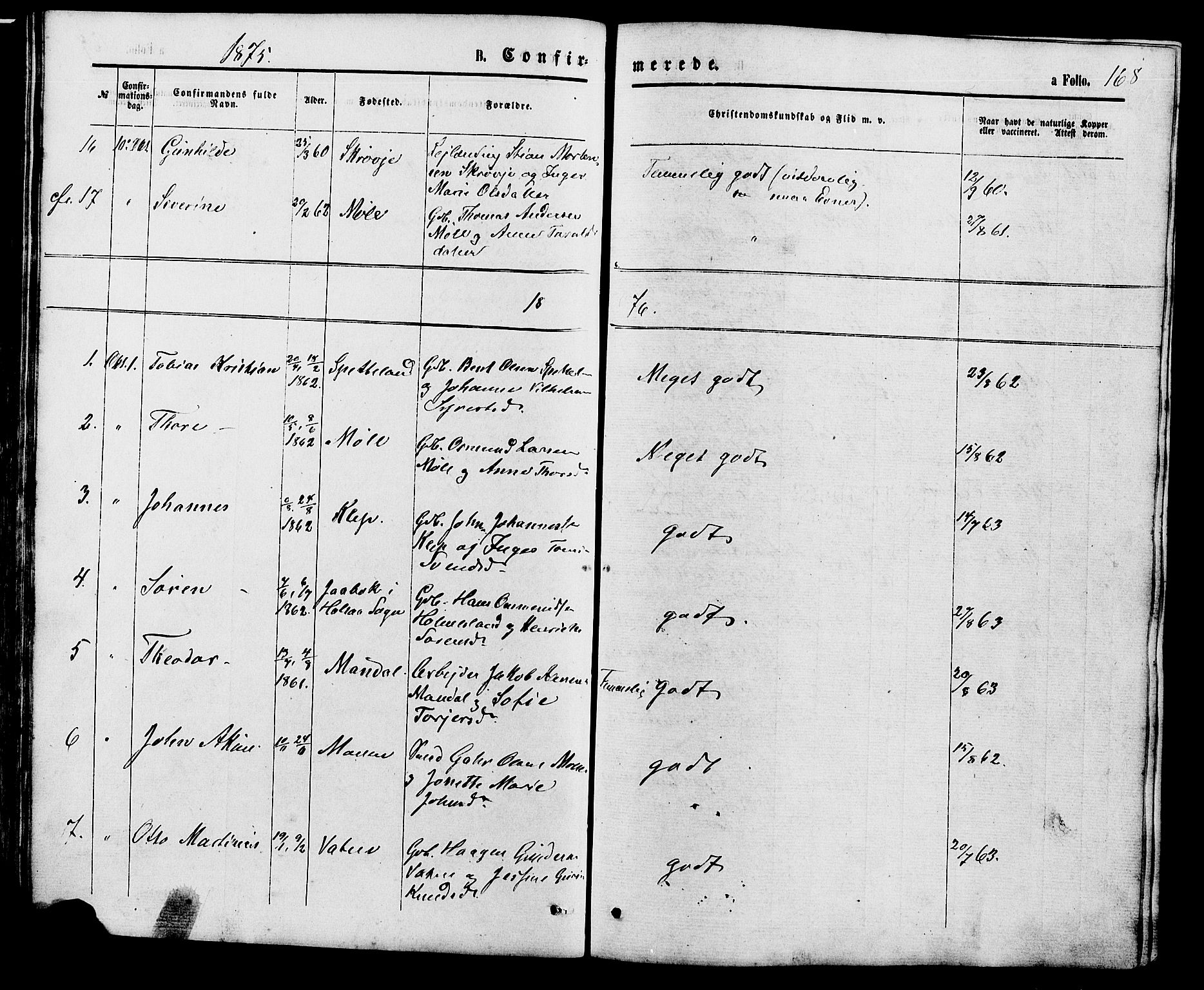 Holum sokneprestkontor, SAK/1111-0022/F/Fb/Fba/L0004: Parish register (copy) no. B 4, 1867-1890, p. 168