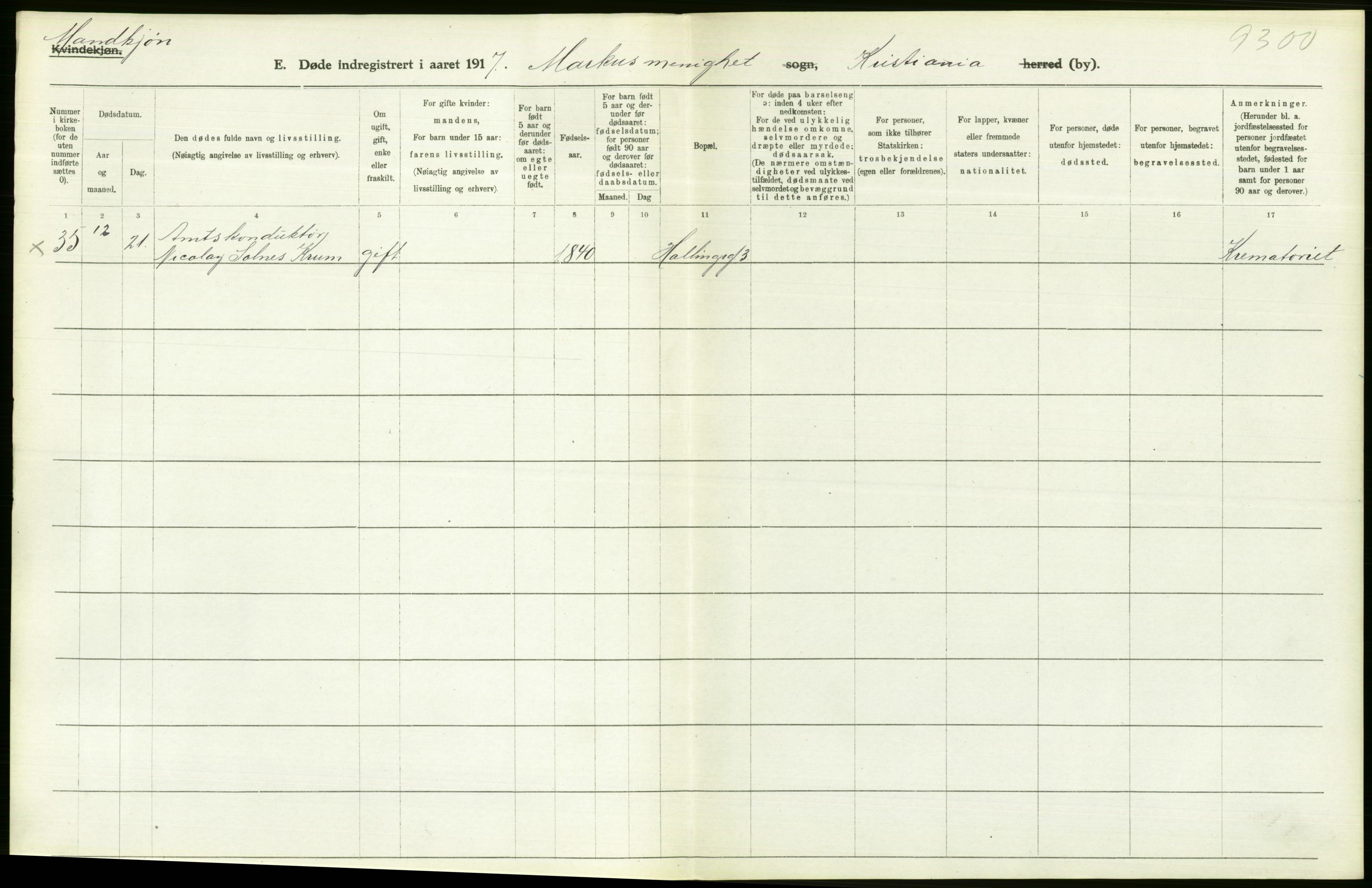 Statistisk sentralbyrå, Sosiodemografiske emner, Befolkning, RA/S-2228/D/Df/Dfb/Dfbg/L0010: Kristiania: Døde, 1917, p. 380