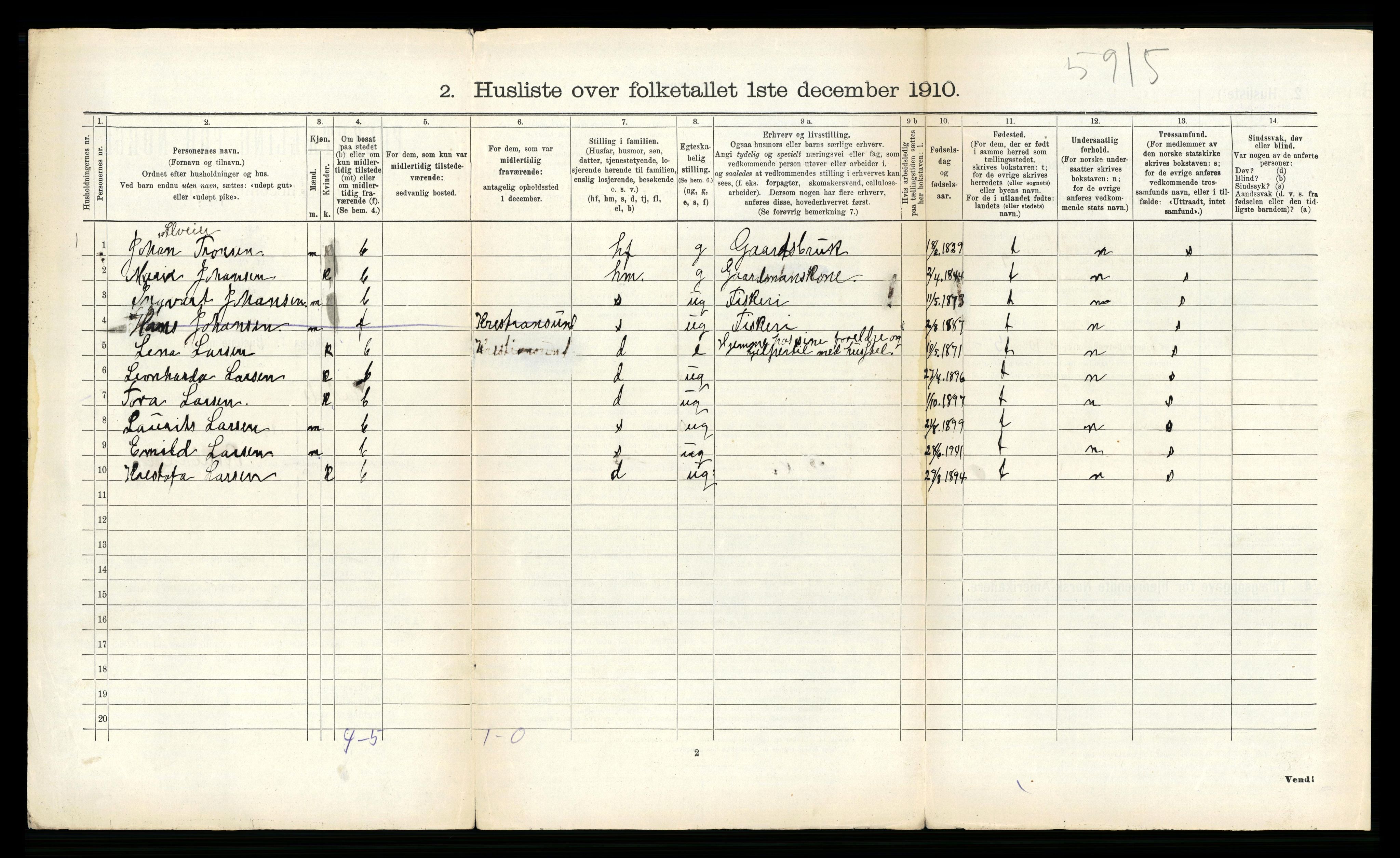 RA, 1910 census for Hadsel, 1910, p. 550