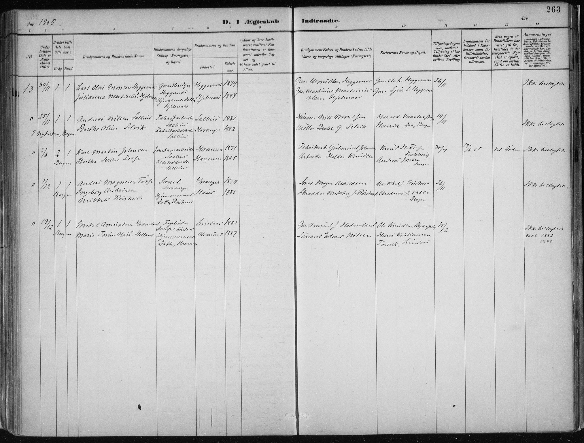 Hamre sokneprestembete, AV/SAB-A-75501/H/Ha/Haa/Haab/L0001: Parish register (official) no. B  1, 1882-1905, p. 263