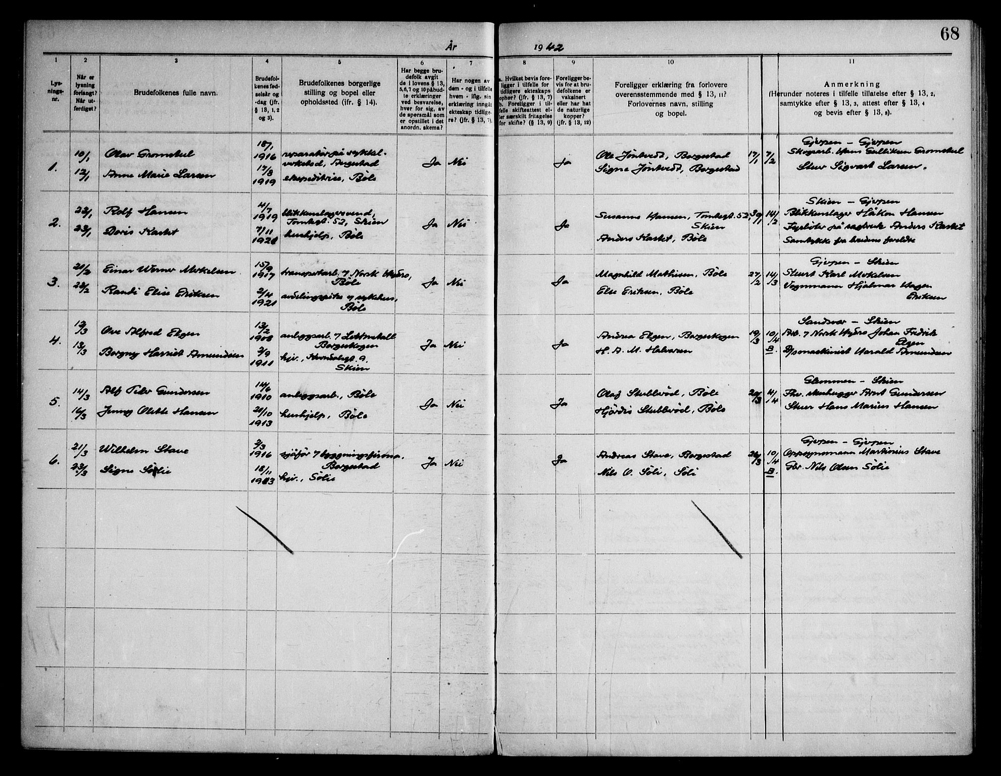 Gjerpen kirkebøker, SAKO/A-265/H/Hb/L0001: Banns register no. II 1, 1920-1950, p. 68