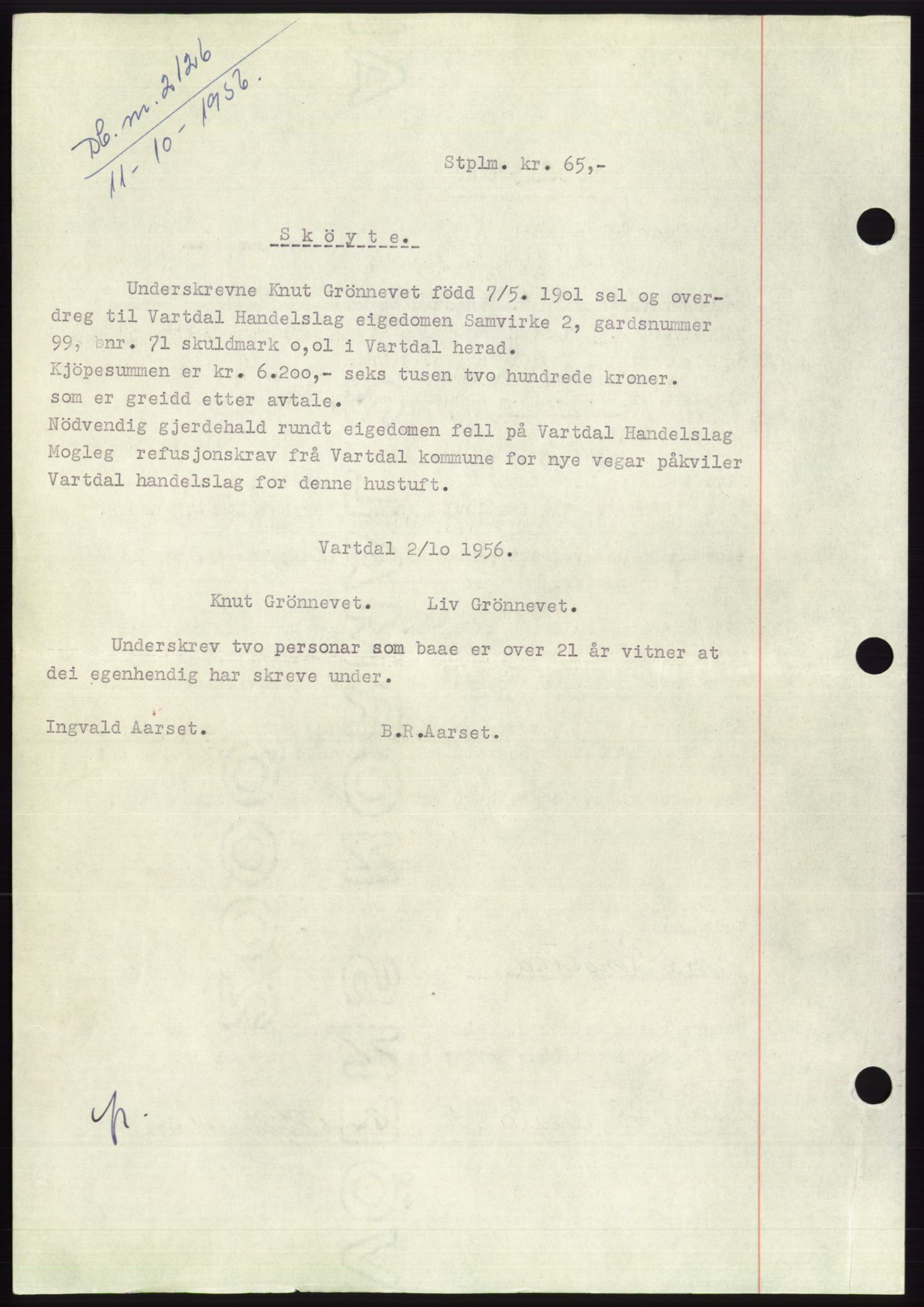 Søre Sunnmøre sorenskriveri, AV/SAT-A-4122/1/2/2C/L0104: Mortgage book no. 30A, 1956-1956, Diary no: : 2126/1956