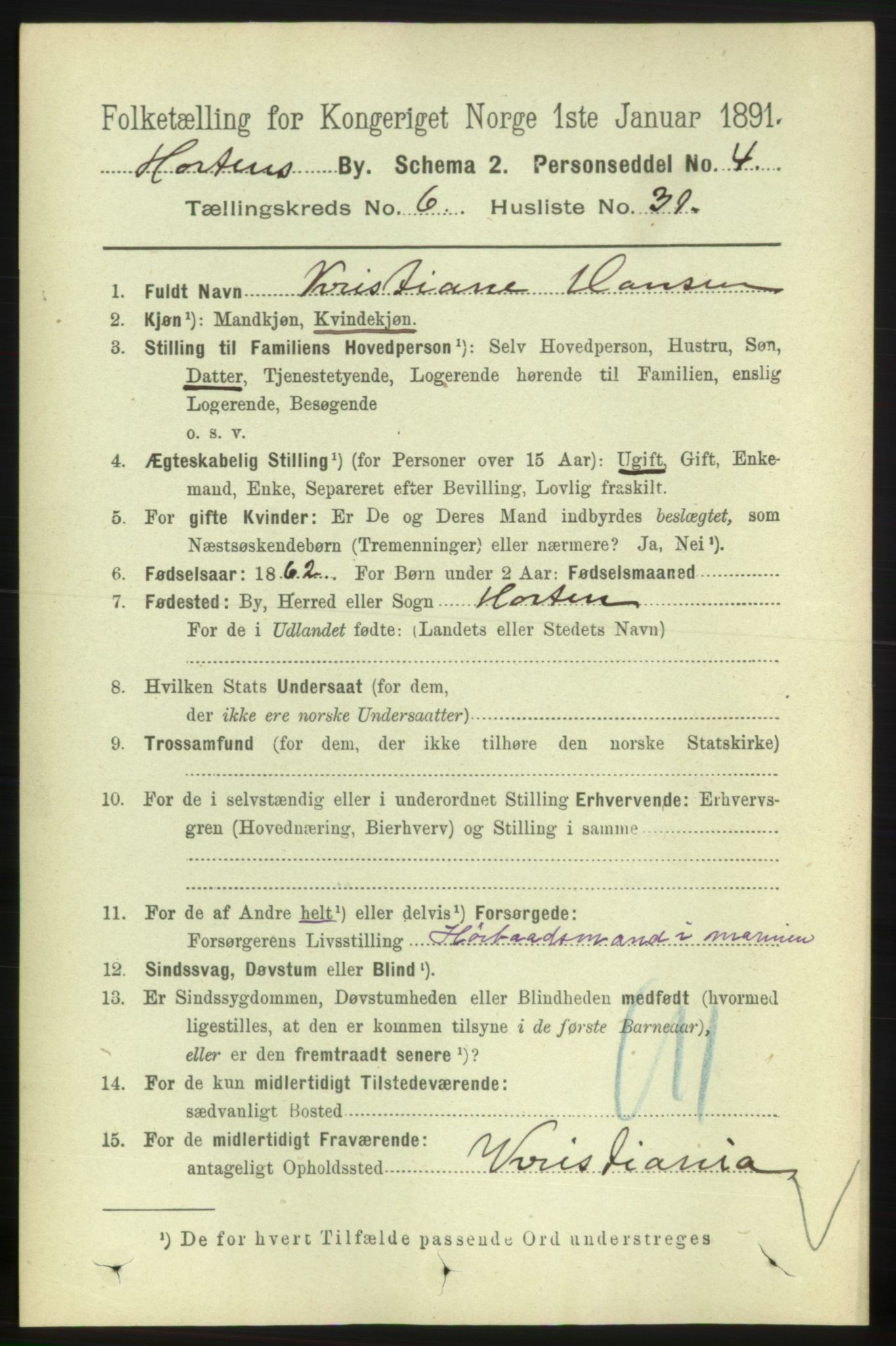 RA, 1891 census for 0703 Horten, 1891, p. 4036