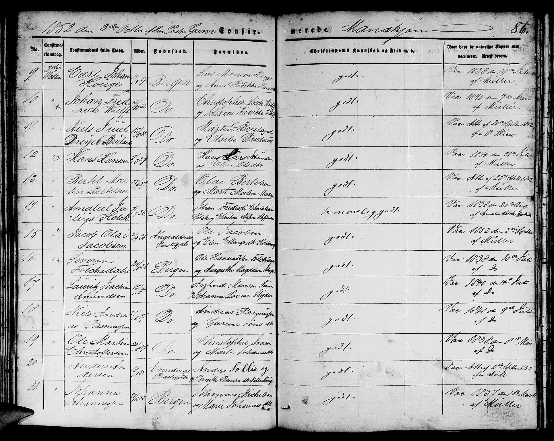 Domkirken sokneprestembete, SAB/A-74801/H/Hab/L0022: Parish register (copy) no. C 2, 1839-1854, p. 86