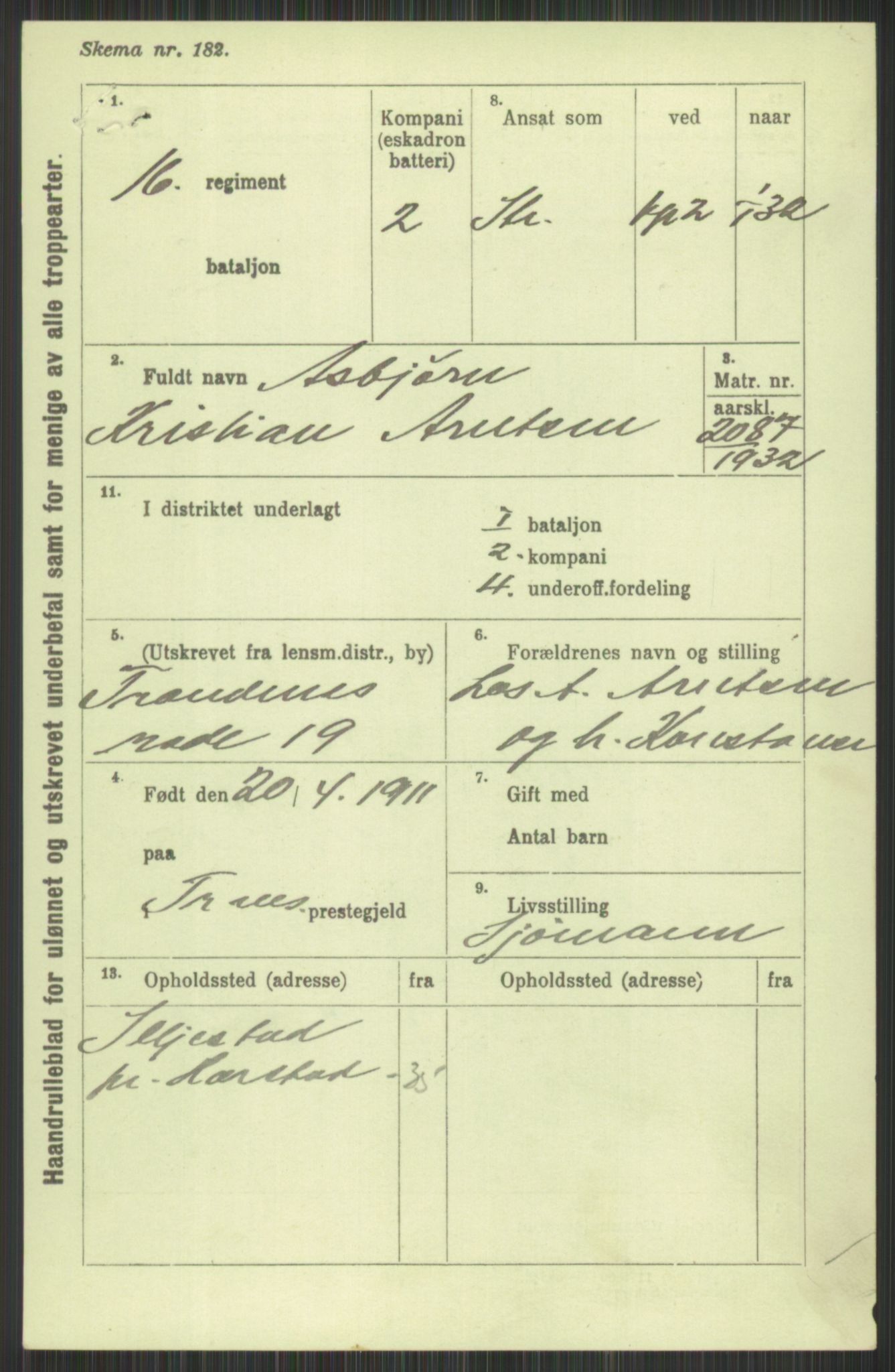 Forsvaret, Troms infanteriregiment nr. 16, AV/RA-RAFA-3146/P/Pa/L0016: Rulleblad for regimentets menige mannskaper, årsklasse 1932, 1932, p. 75