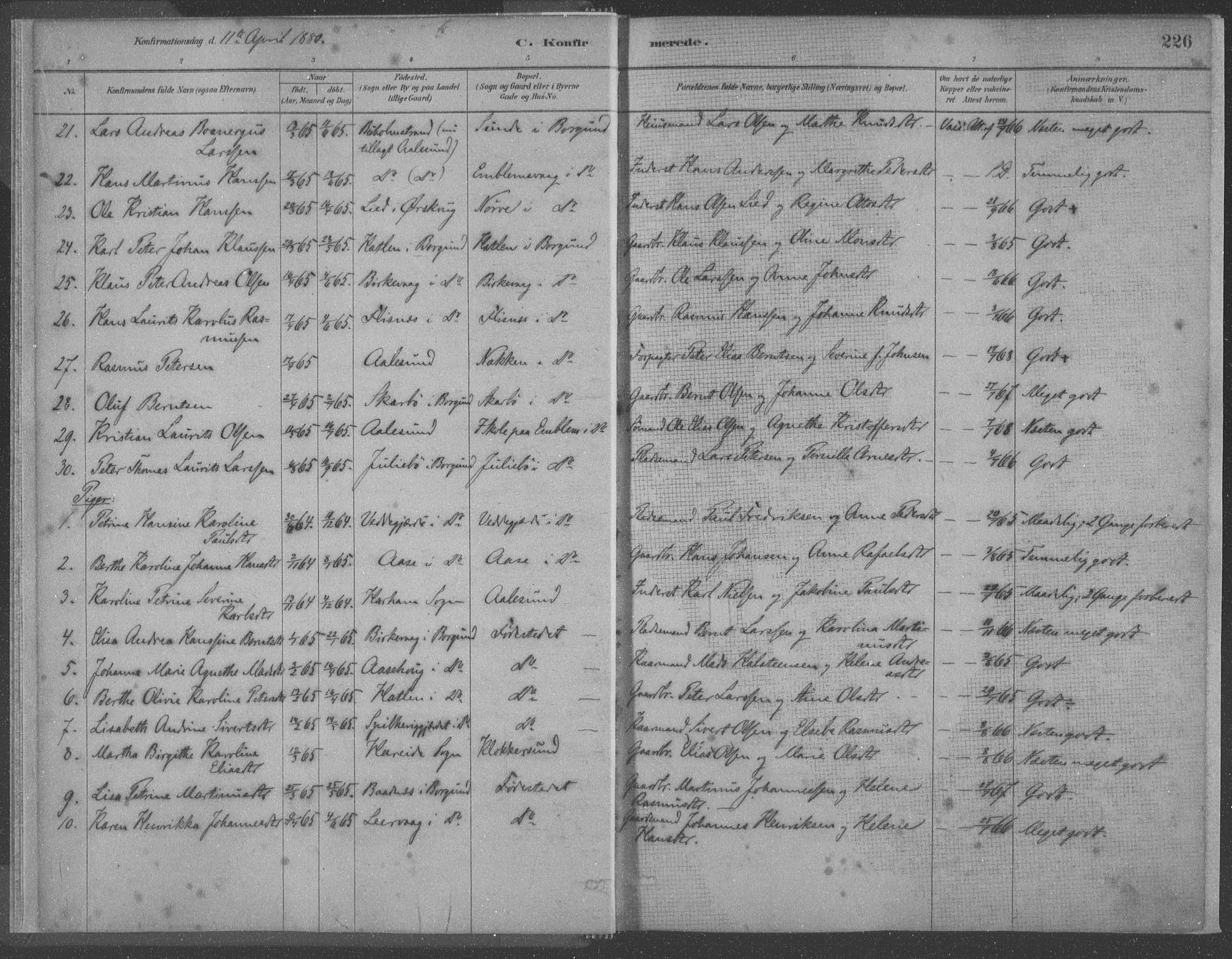 Ministerialprotokoller, klokkerbøker og fødselsregistre - Møre og Romsdal, AV/SAT-A-1454/528/L0402: Parish register (official) no. 528A12II, 1880-1903, p. 226