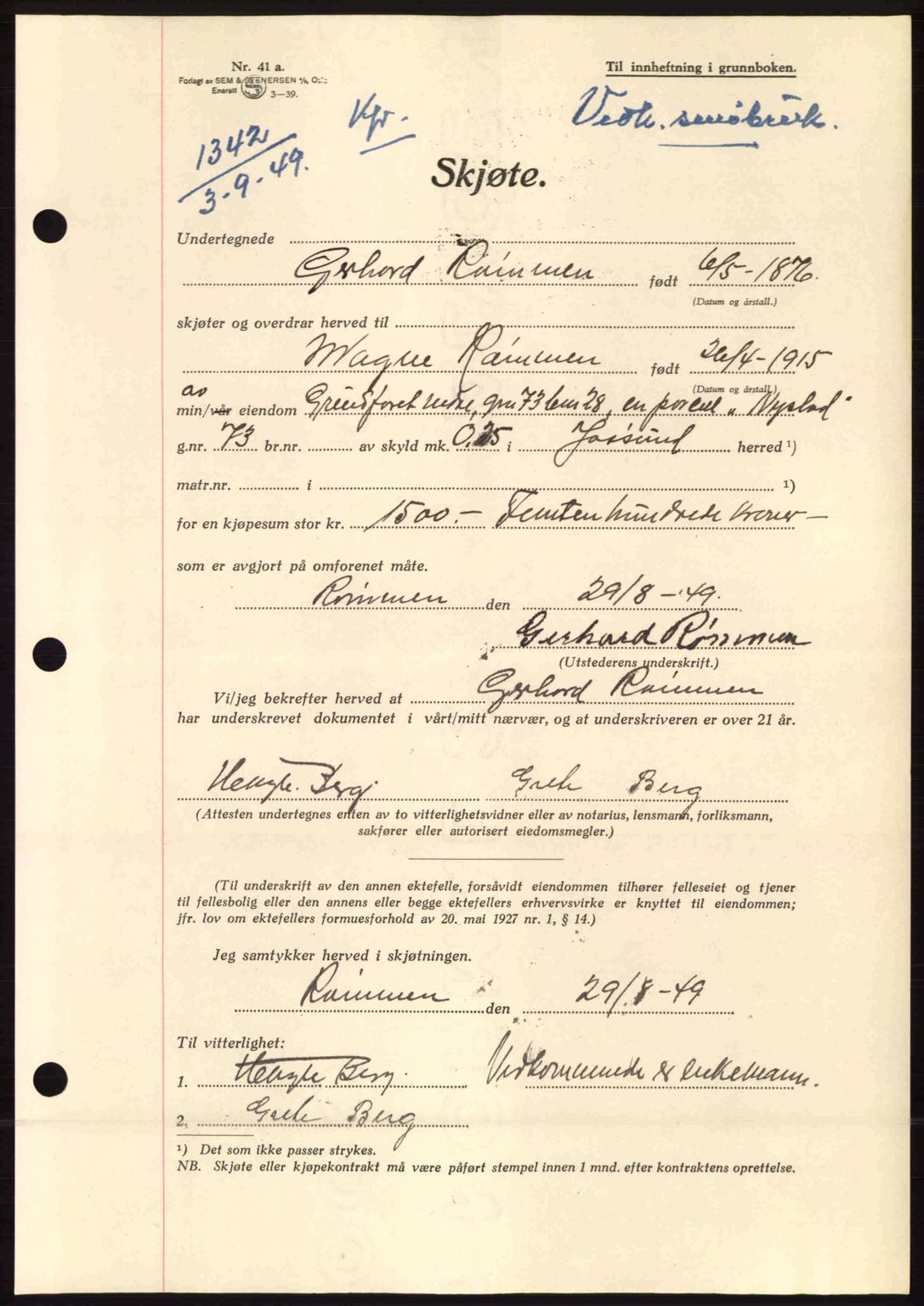 Fosen sorenskriveri, AV/SAT-A-1107/1/2/2C: Mortgage book no. A10, 1949-1950, Diary no: : 1342/1949