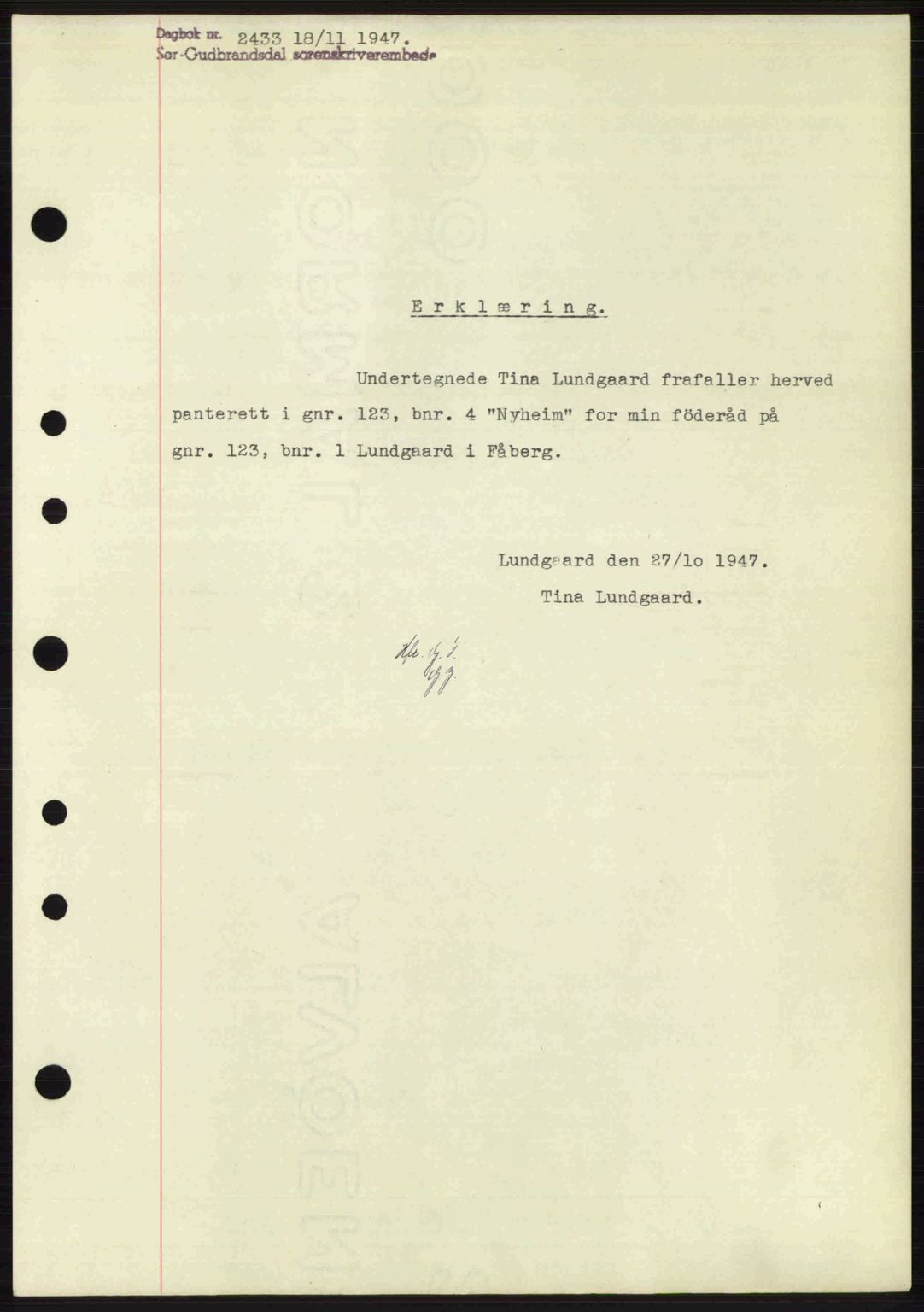 Sør-Gudbrandsdal tingrett, SAH/TING-004/H/Hb/Hbf/L0004: Mortgage book no. C5b, 1945-1951, Diary no: : 2433/1947