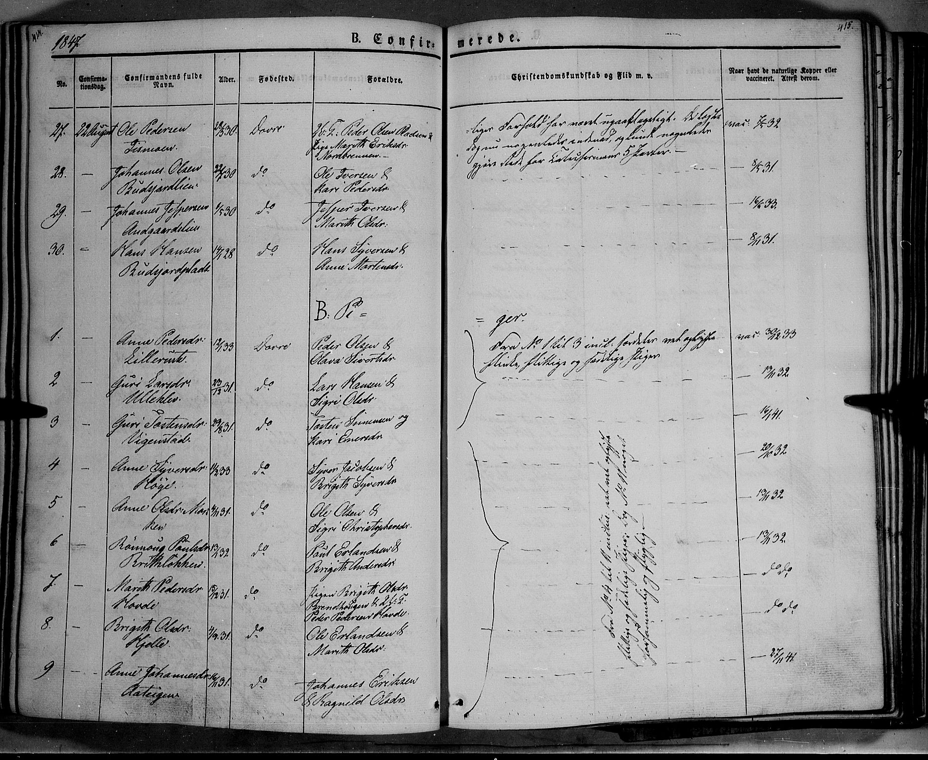 Lesja prestekontor, SAH/PREST-068/H/Ha/Haa/L0006: Parish register (official) no. 6A, 1843-1854, p. 414-415