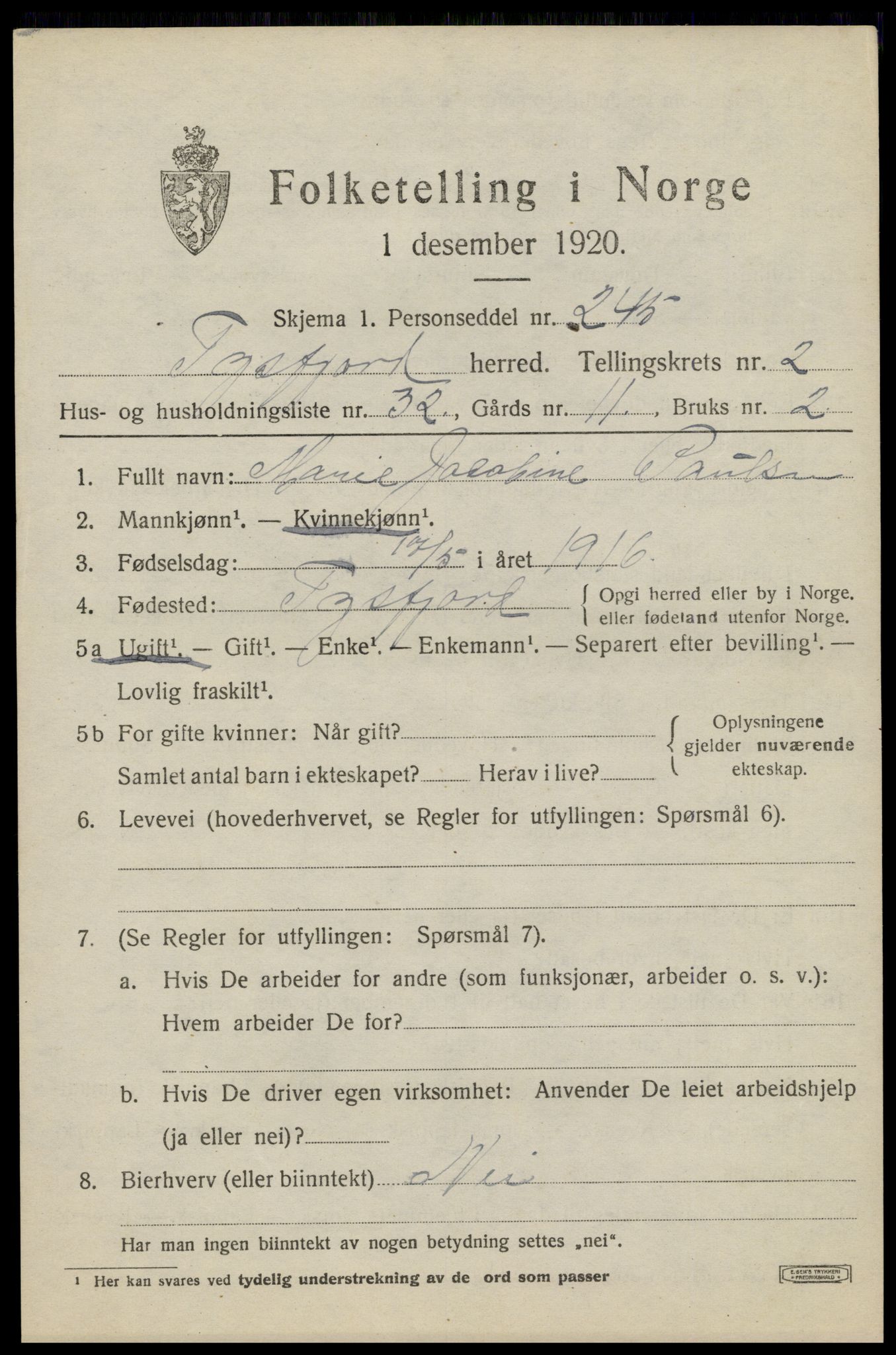 SAT, 1920 census for Tysfjord, 1920, p. 1717