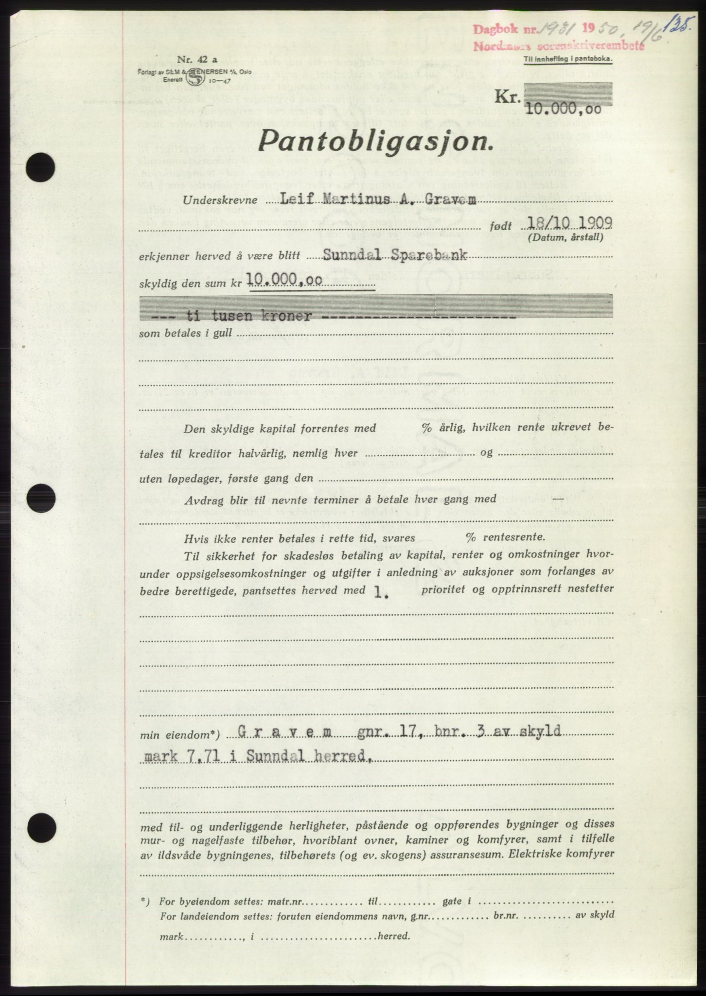 Nordmøre sorenskriveri, AV/SAT-A-4132/1/2/2Ca: Mortgage book no. B105, 1950-1950, Diary no: : 1931/1950