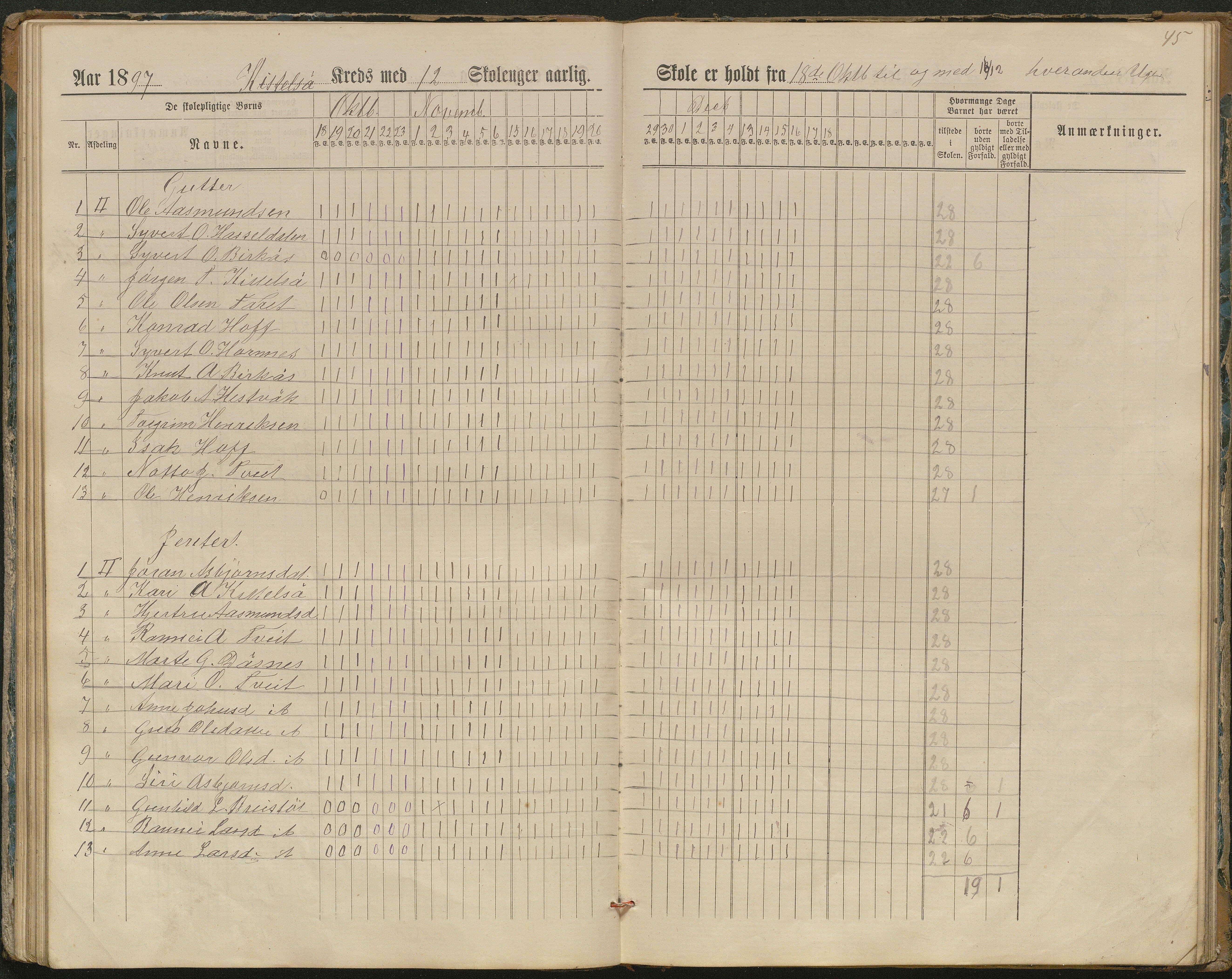 Hornnes kommune, Kjetså, Fennefoss skolekrets, AAKS/KA0936-550c/F1/L0002: Skoleprotokoll. Kjetså og Fennefoss, 1884-1896, p. 45