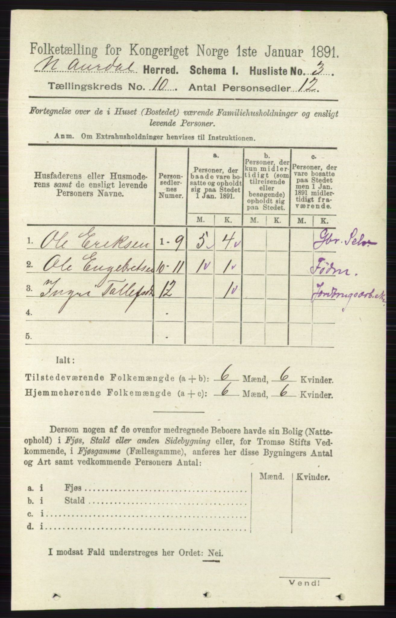 RA, 1891 census for 0542 Nord-Aurdal, 1891, p. 3684