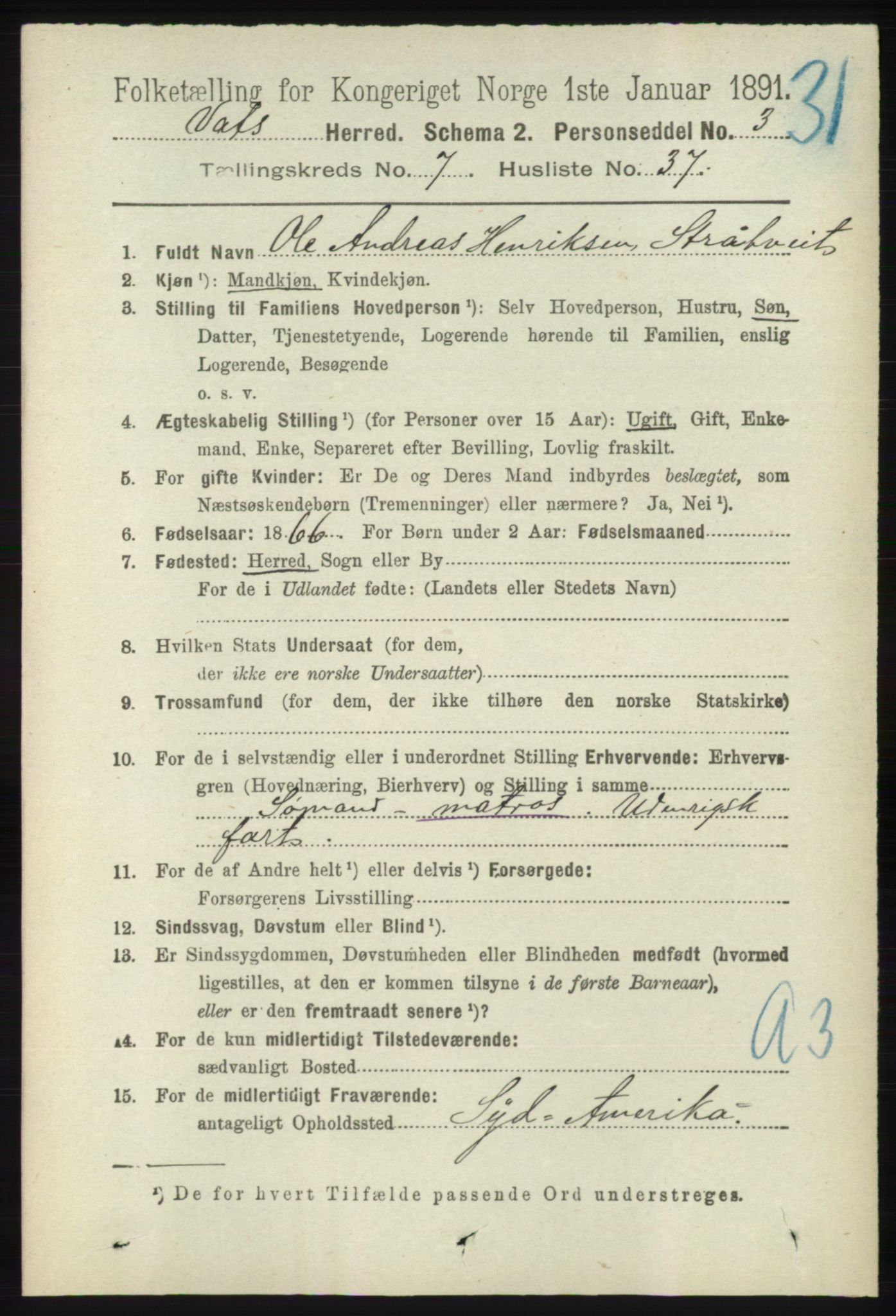 RA, 1891 census for 1155 Vats, 1891, p. 1289