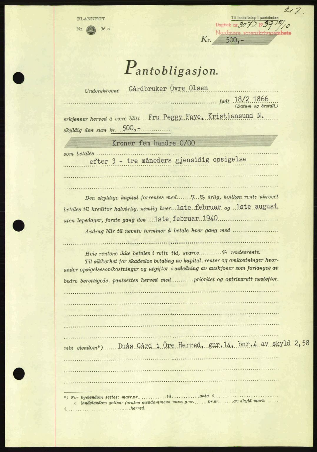 Nordmøre sorenskriveri, AV/SAT-A-4132/1/2/2Ca: Mortgage book no. B86, 1939-1940, Diary no: : 3072/1939