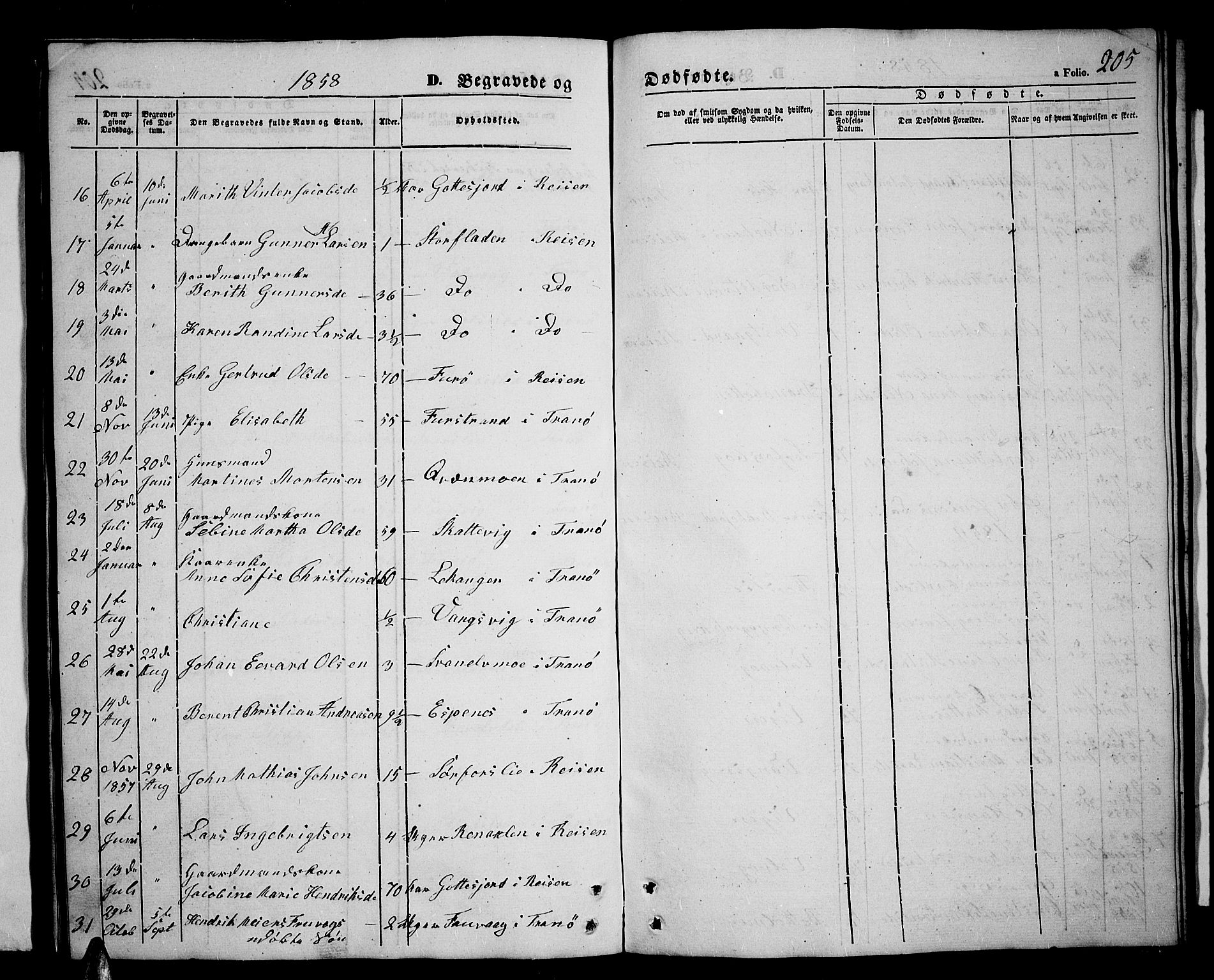 Tranøy sokneprestkontor, SATØ/S-1313/I/Ia/Iab/L0002klokker: Parish register (copy) no. 2, 1847-1860, p. 205