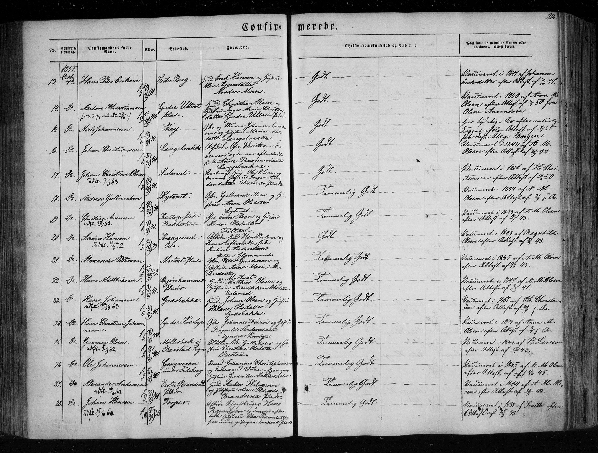 Eidsberg prestekontor Kirkebøker, AV/SAO-A-10905/F/Fa/L0009: Parish register (official) no. I 9, 1849-1856, p. 214