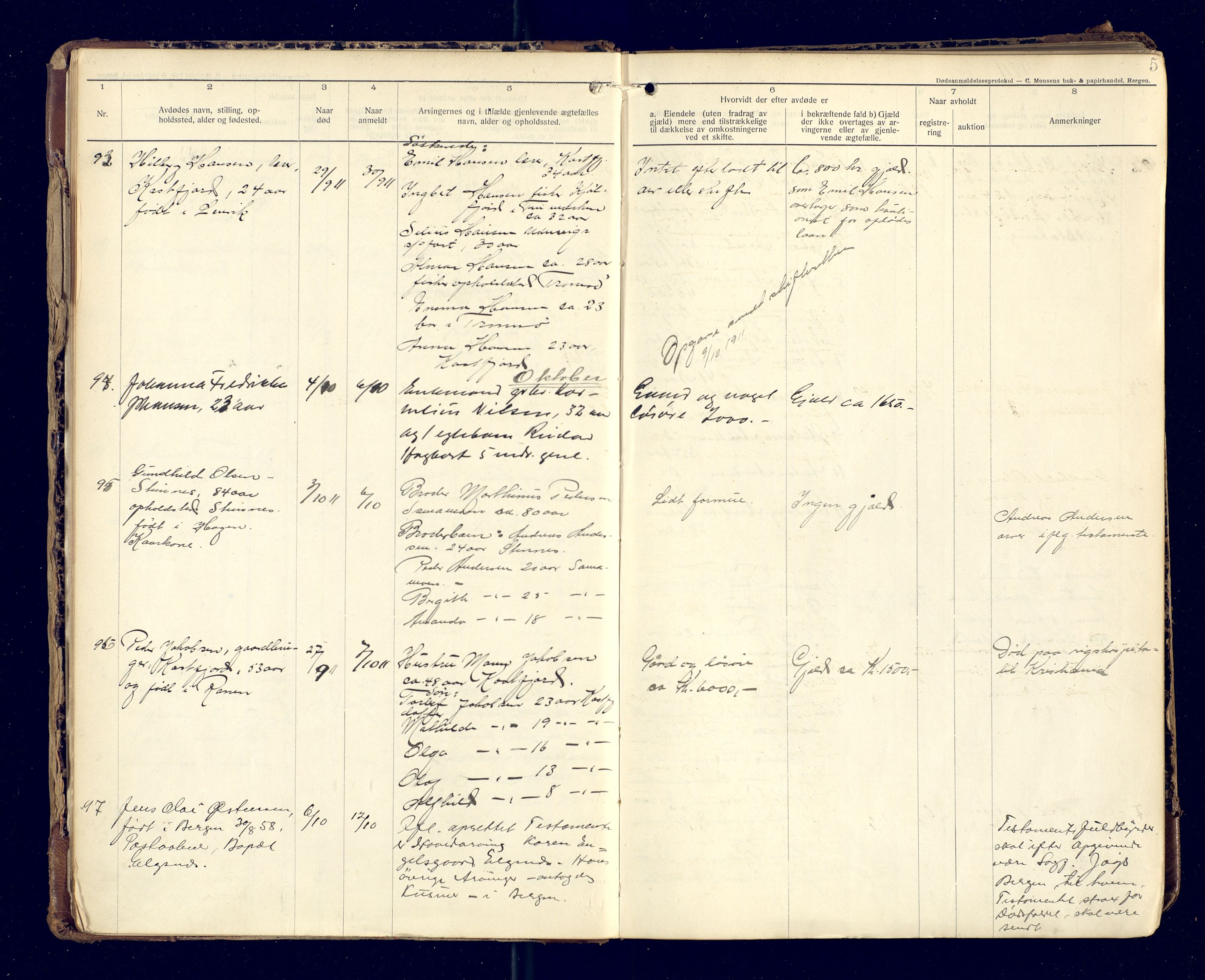 Harstad lensmannskontor, SATØ/SATØ-10/F/Fi/Fia/L0483: Dødsfallsprotokoller, 1911-1916, p. 5