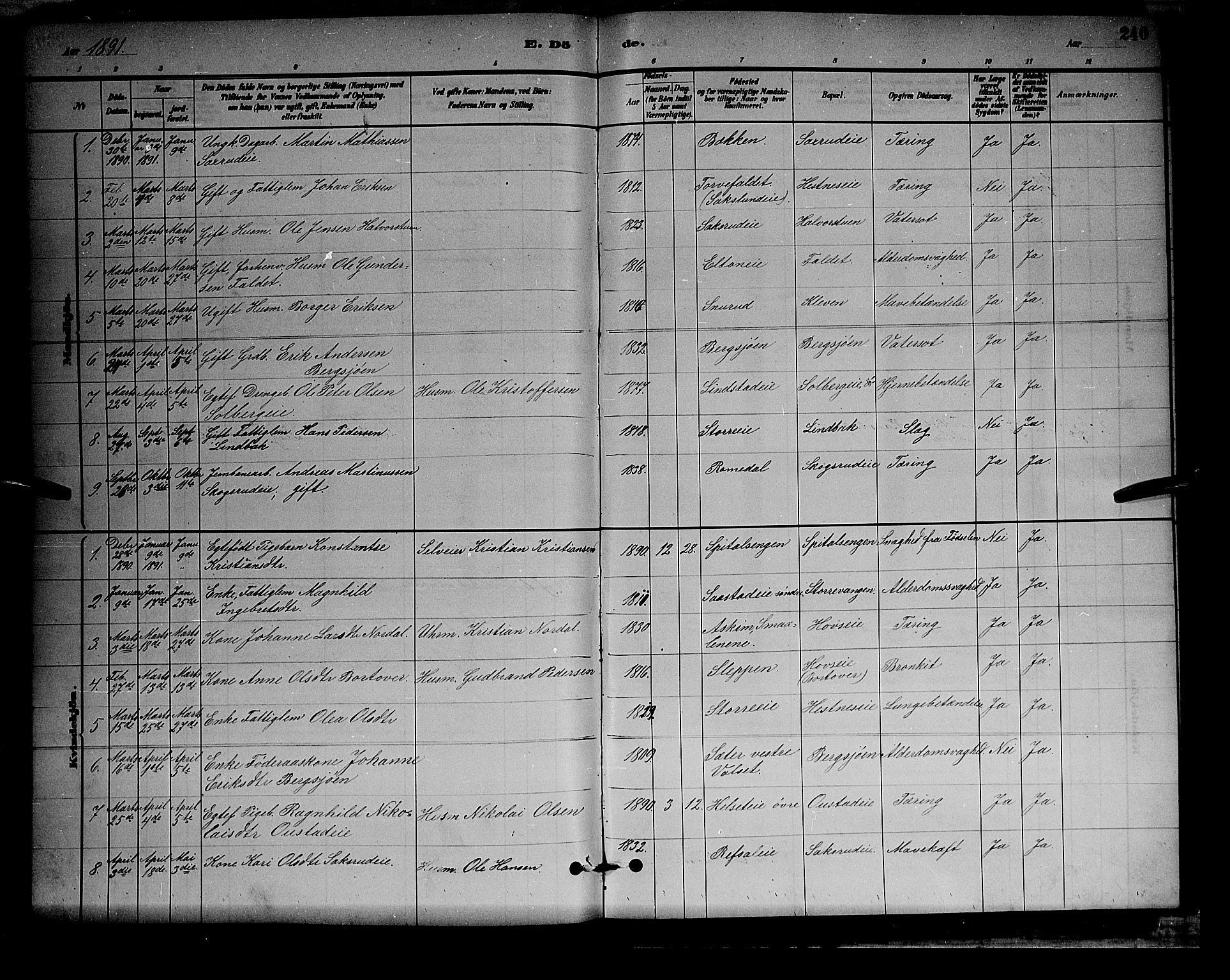 Stange prestekontor, SAH/PREST-002/L/L0008: Parish register (copy) no. 8, 1882-1895, p. 240