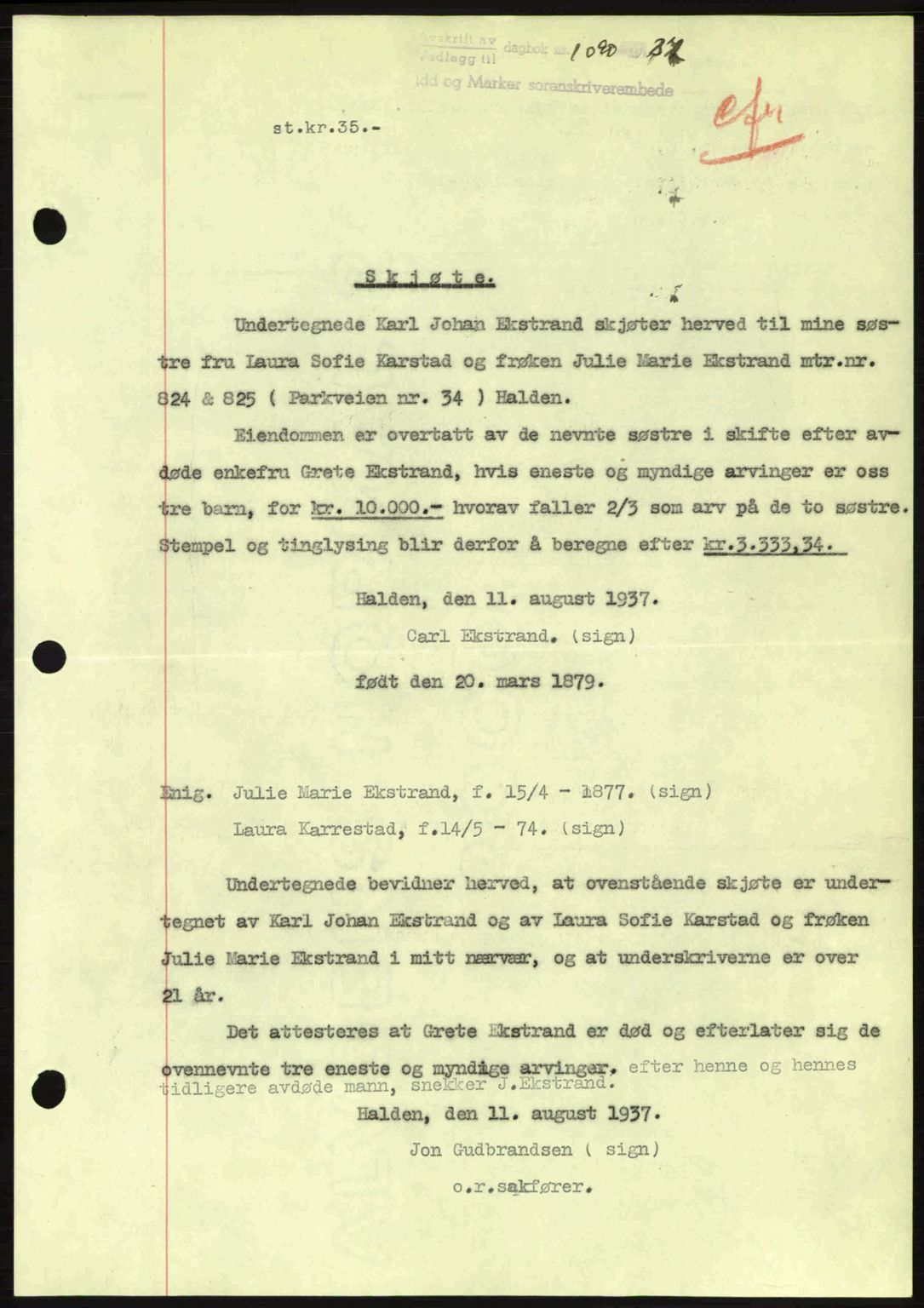 Idd og Marker sorenskriveri, AV/SAO-A-10283/G/Gb/Gbb/L0002: Mortgage book no. A2, 1937-1938, Diary no: : 1090/1937