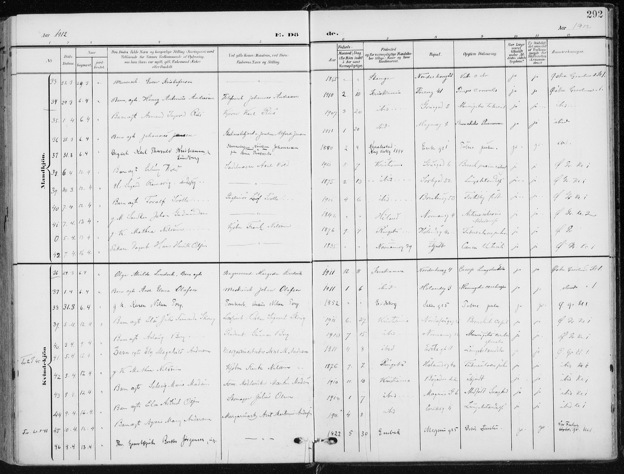 Kampen prestekontor Kirkebøker, AV/SAO-A-10853/F/Fa/L0011: Parish register (official) no. I 11, 1907-1917, p. 292