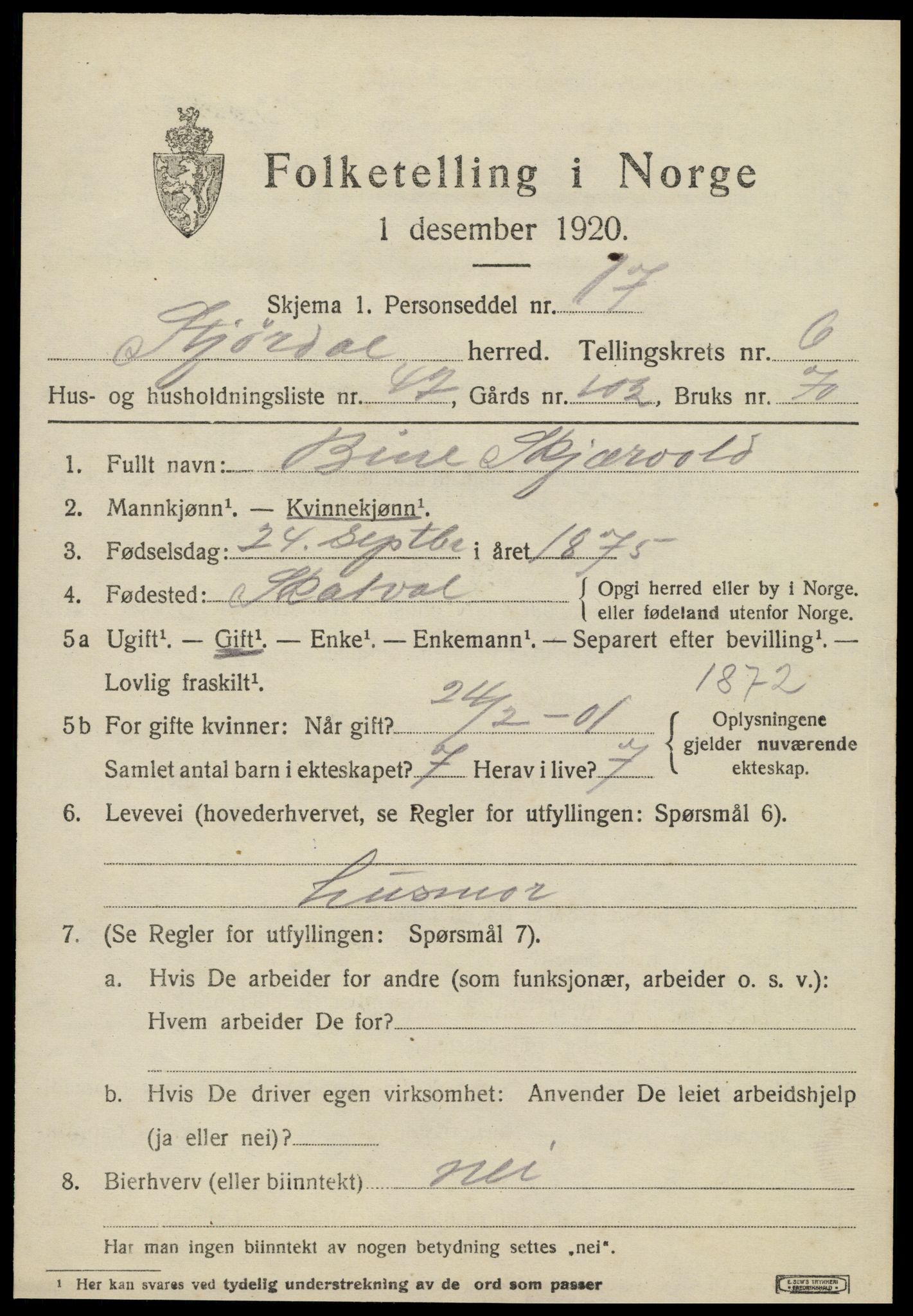 SAT, 1920 census for Stjørdal, 1920, p. 7172