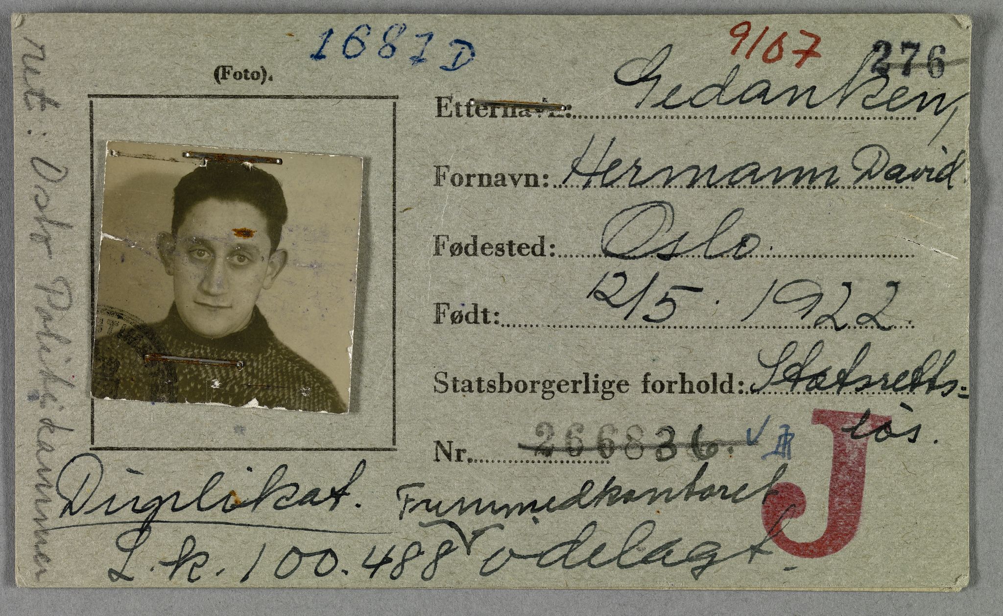 Sosialdepartementet, Våre Falne, RA/S-1708/E/Ee/L0021A: Fotografier av jøder på legitimasjonskort (1941-42), 1941-1942, p. 139