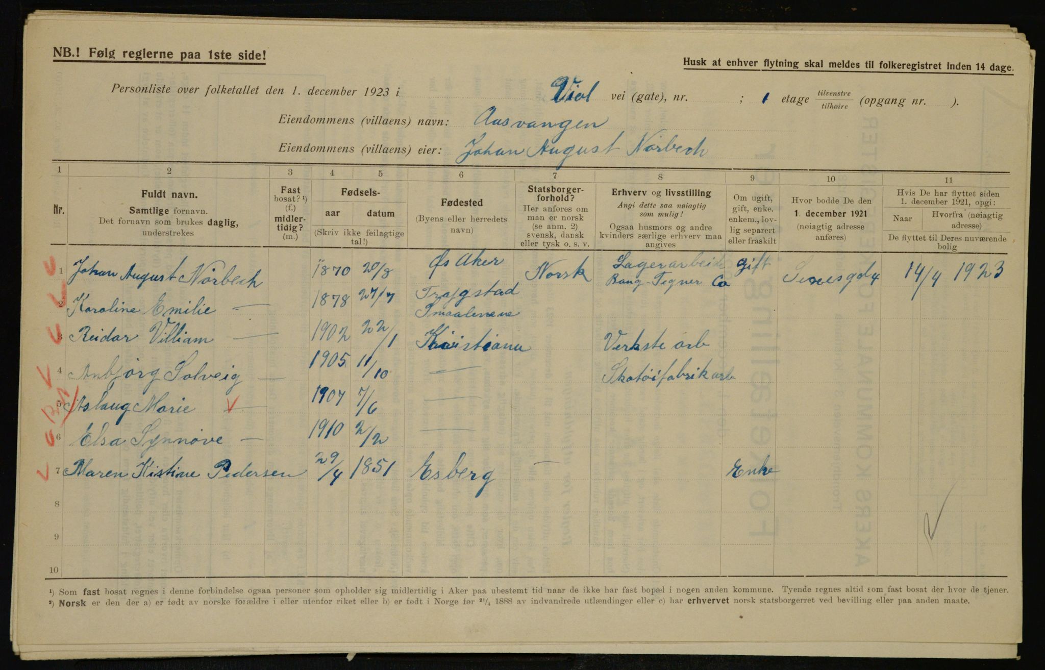 , Municipal Census 1923 for Aker, 1923, p. 46747