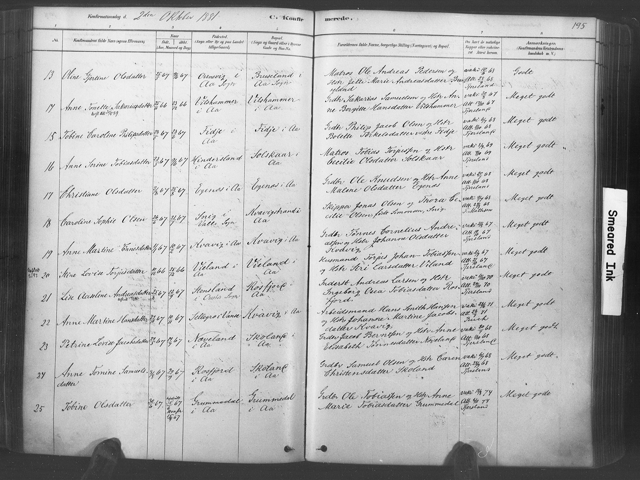 Lyngdal sokneprestkontor, AV/SAK-1111-0029/F/Fa/Fac/L0011: Parish register (official) no. A 11, 1878-1893, p. 195