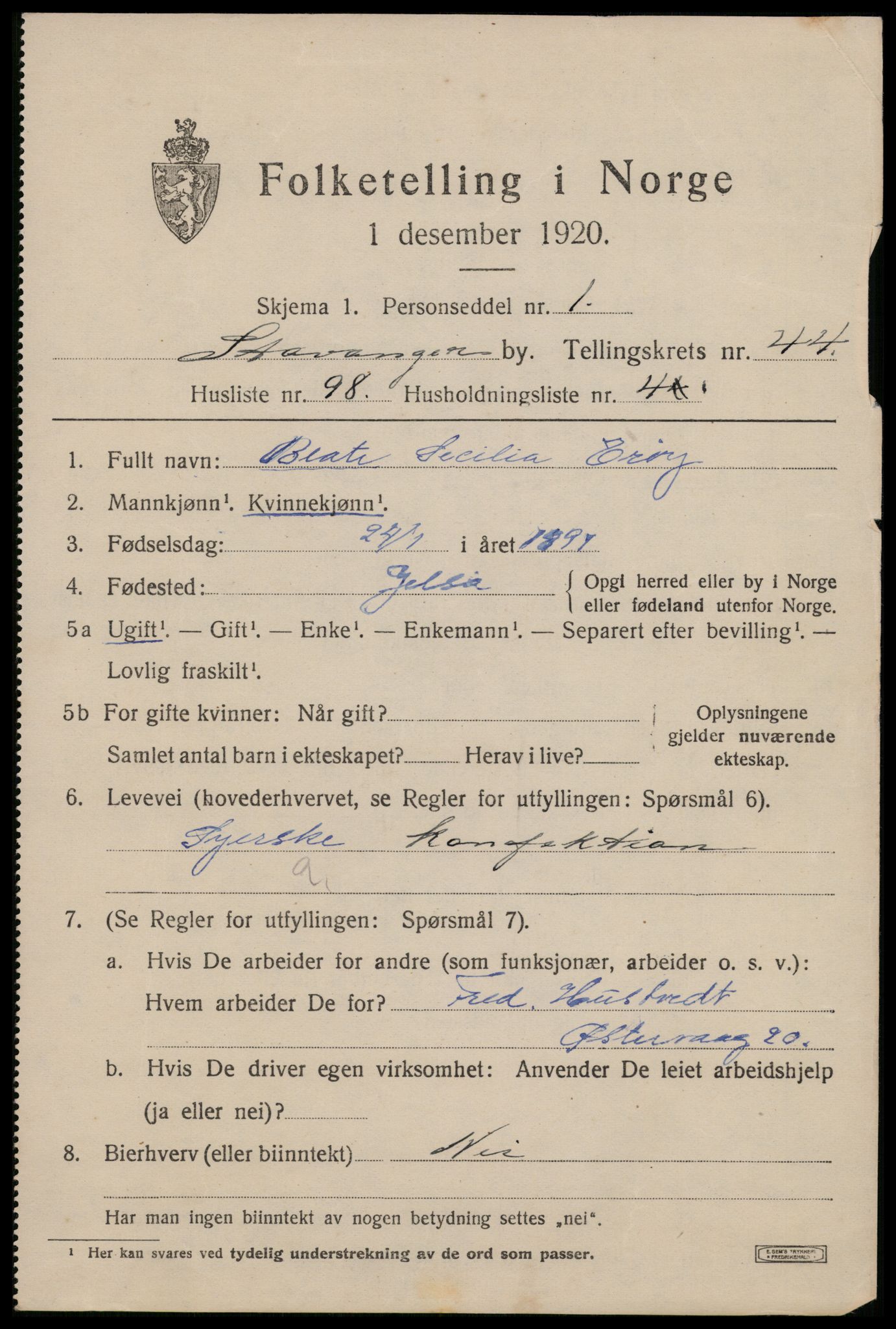 SAST, 1920 census for Stavanger, 1920, p. 110136