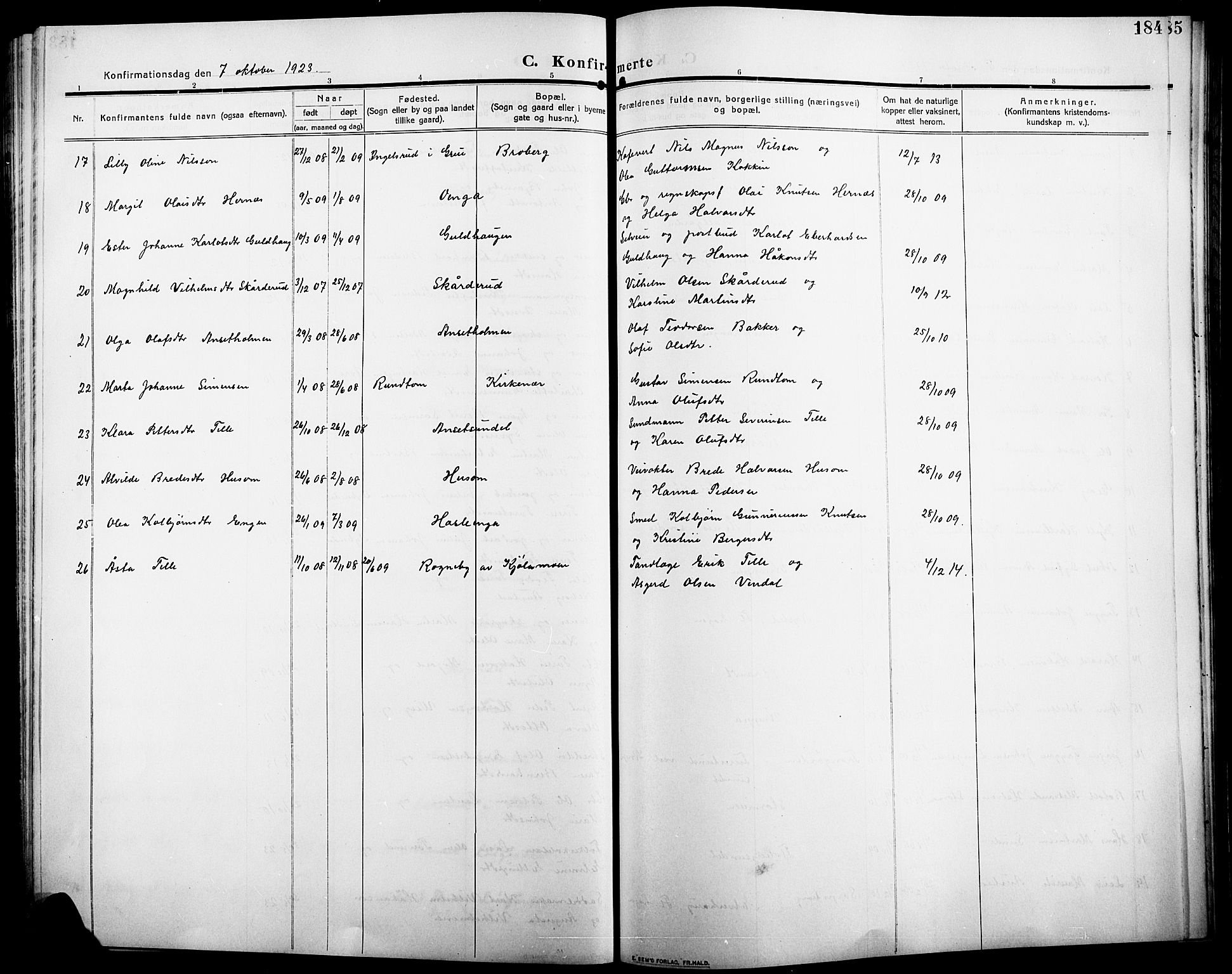 Åsnes prestekontor, SAH/PREST-042/H/Ha/Hab/L0007: Parish register (copy) no. 7, 1909-1926, p. 184