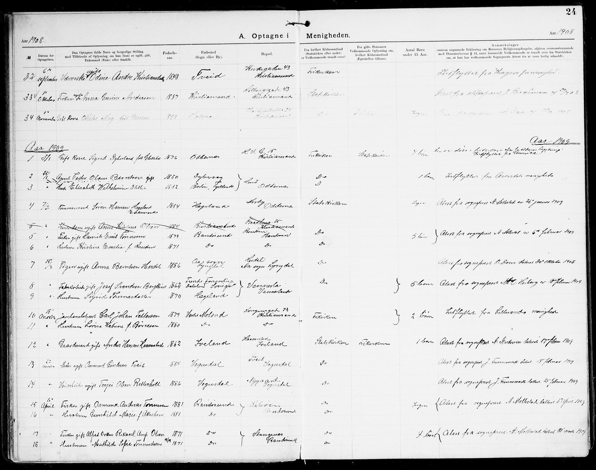 Den evangelisk-lutherske frikirke, Kristiansand, AV/SAK-1292-0017/F/Fa/L0003: Dissenter register no. F 11, 1892-1925, p. 24