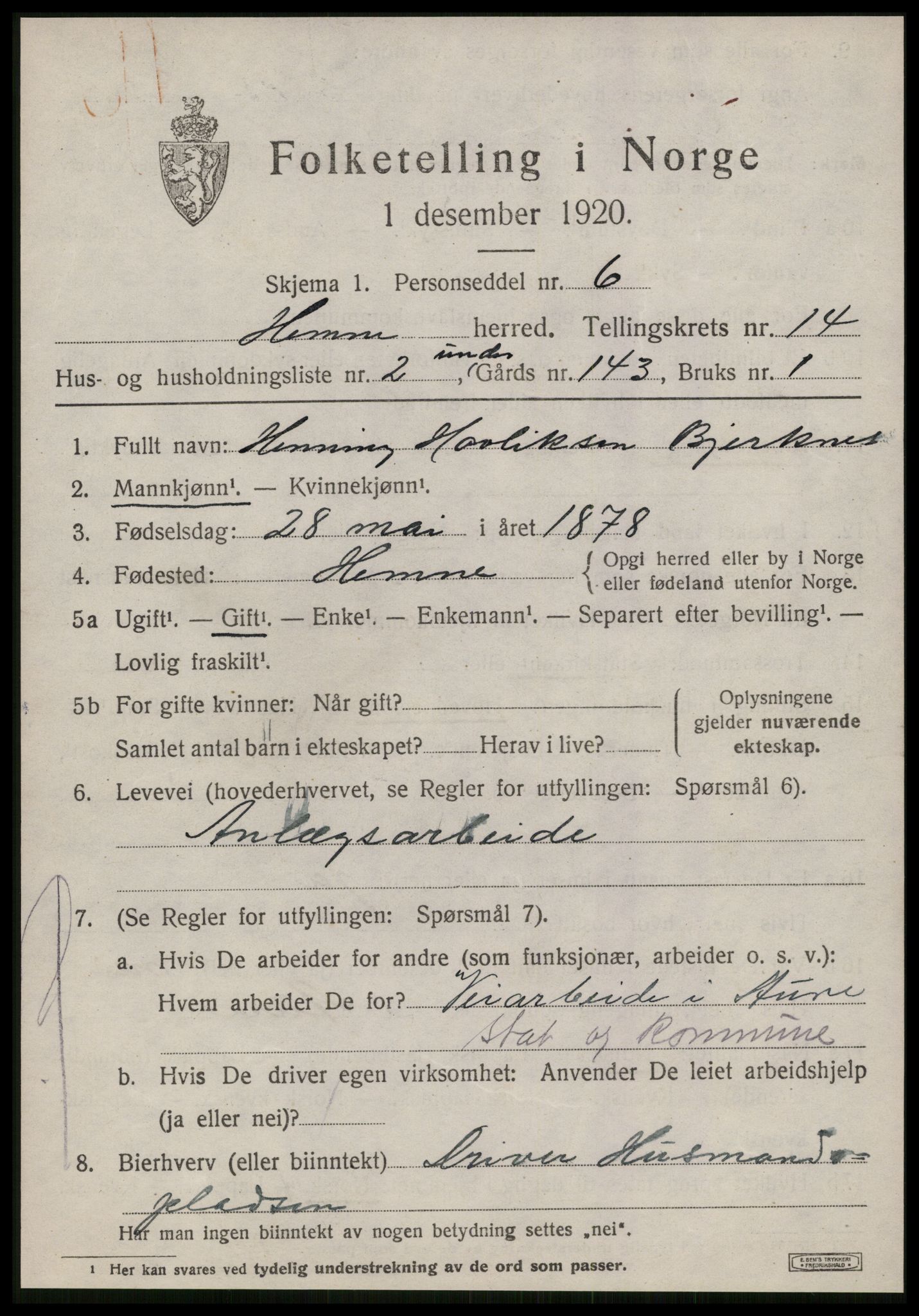 SAT, 1920 census for Hemne, 1920, p. 7942