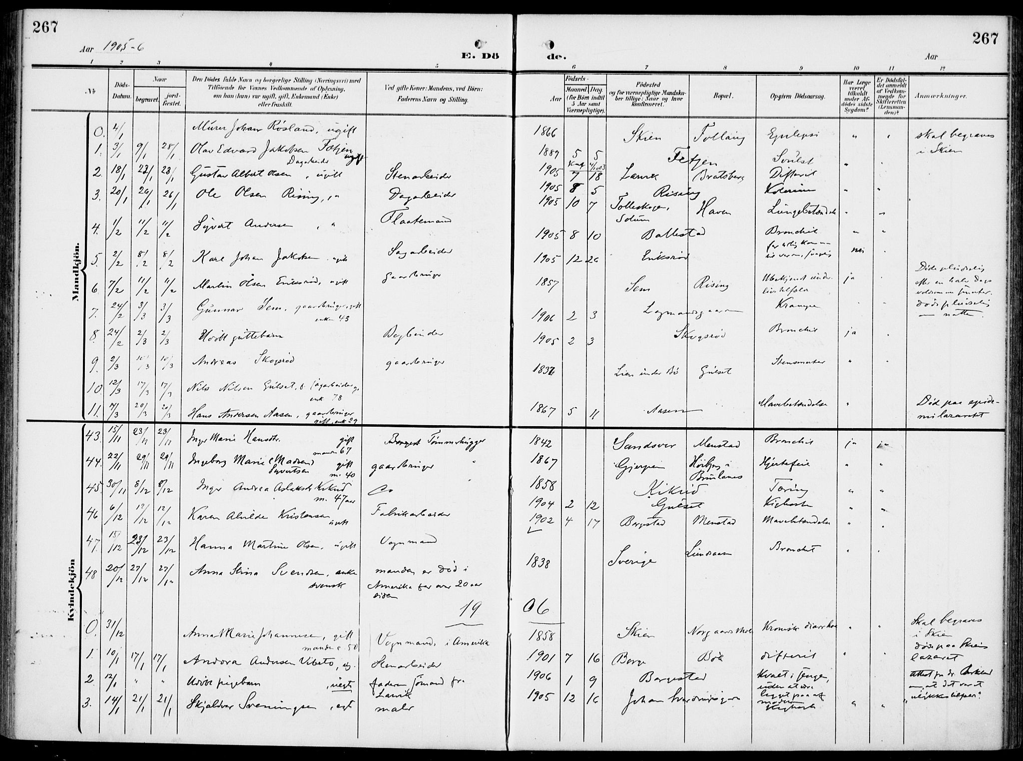 Gjerpen kirkebøker, SAKO/A-265/F/Fa/L0012: Parish register (official) no. I 12, 1905-1913, p. 267