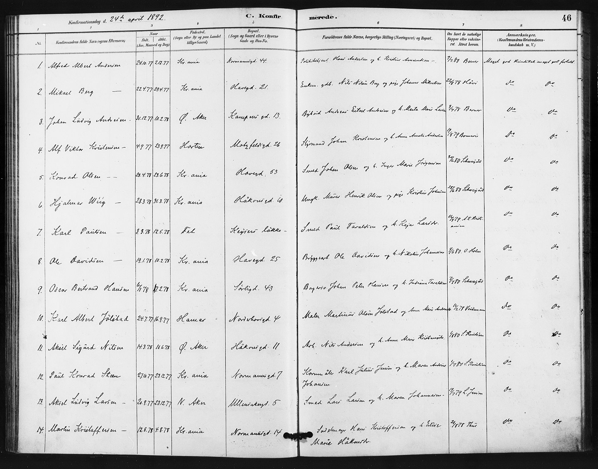 Kampen prestekontor Kirkebøker, AV/SAO-A-10853/F/Fa/L0006: Parish register (official) no. I 6, 1889-1896, p. 46