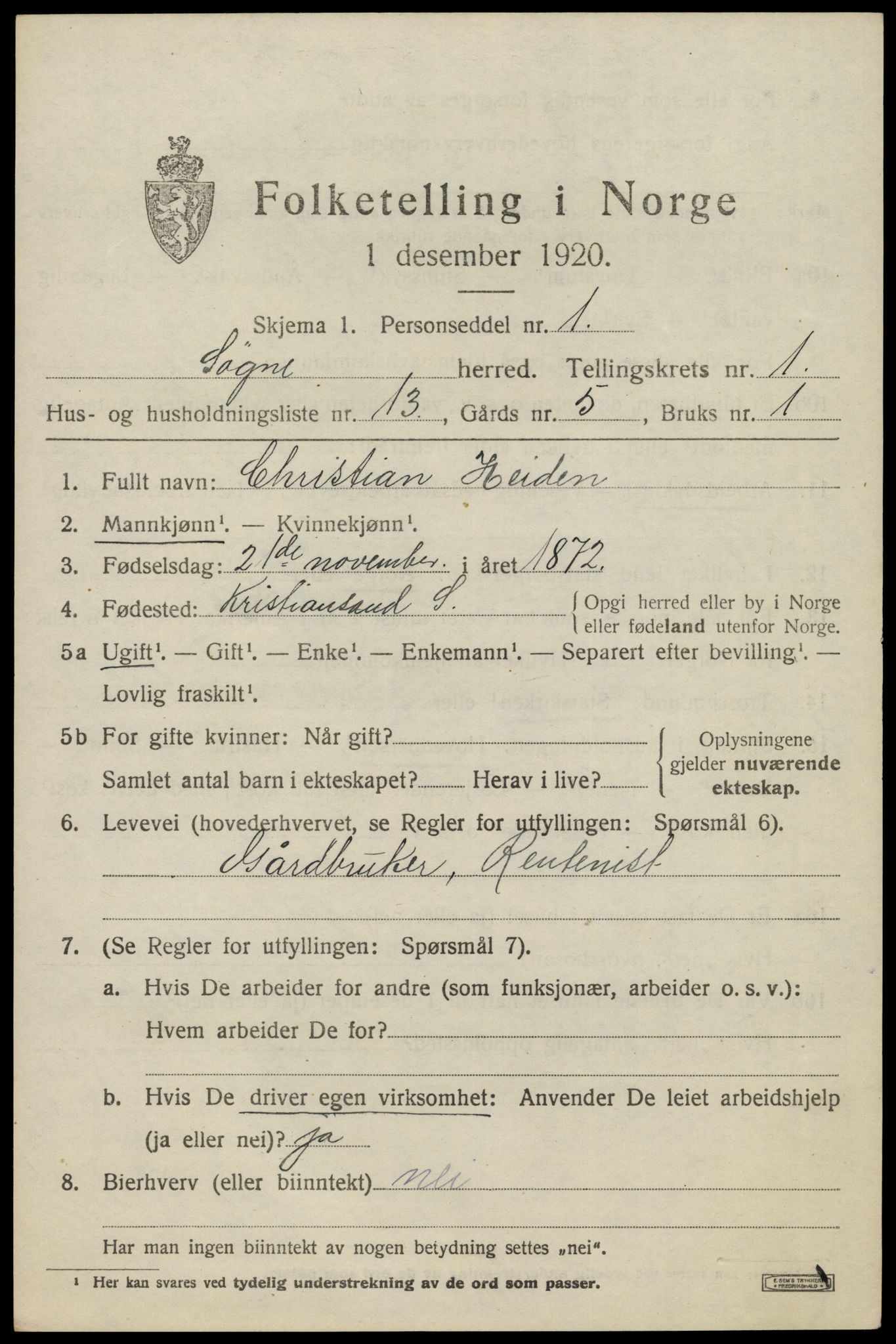 SAK, 1920 census for Søgne, 1920, p. 1447