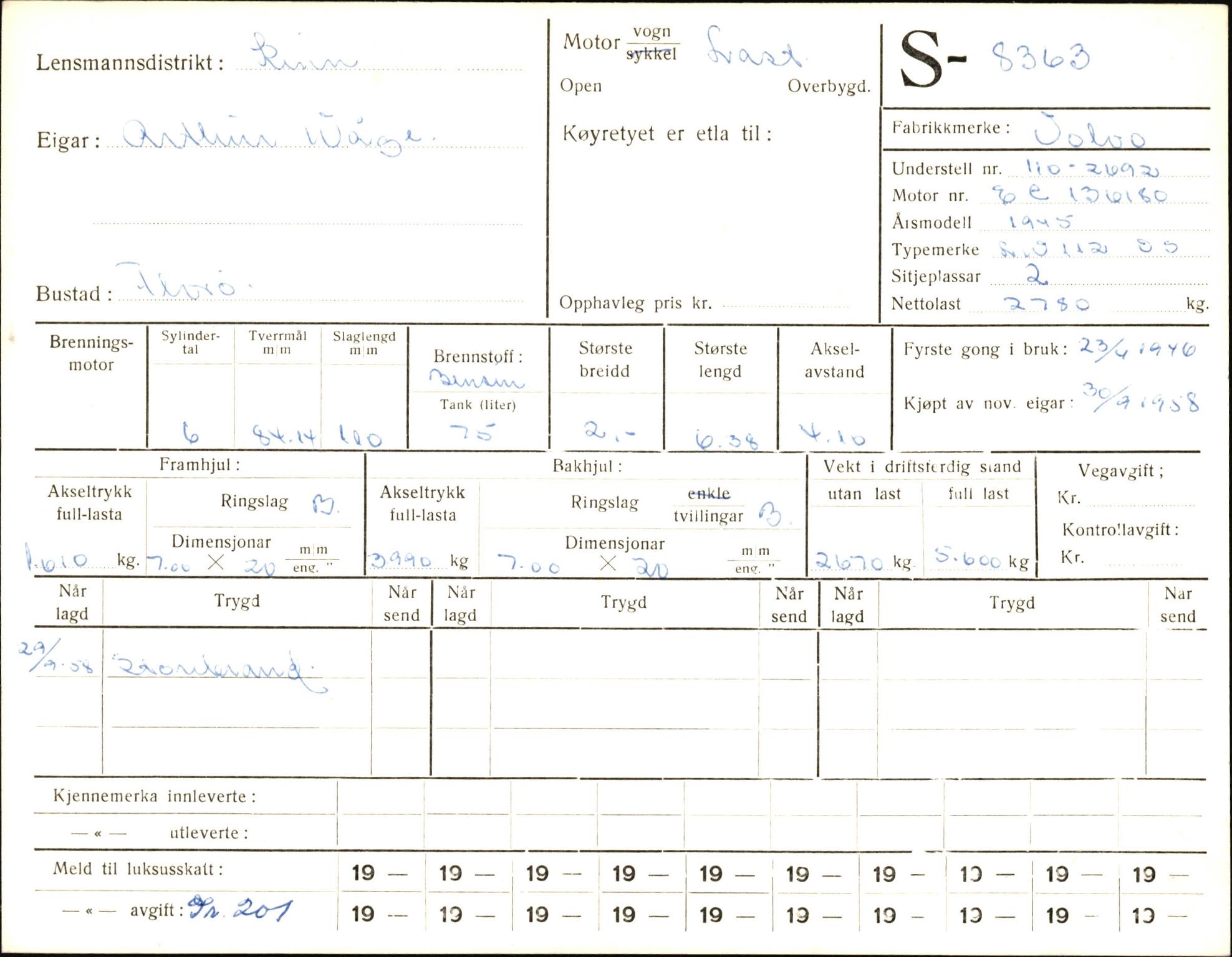 Statens vegvesen, Sogn og Fjordane vegkontor, AV/SAB-A-5301/4/F/L0006: Registerkort utmeldte Fjordane S8300-9500, 1930-1961, p. 94